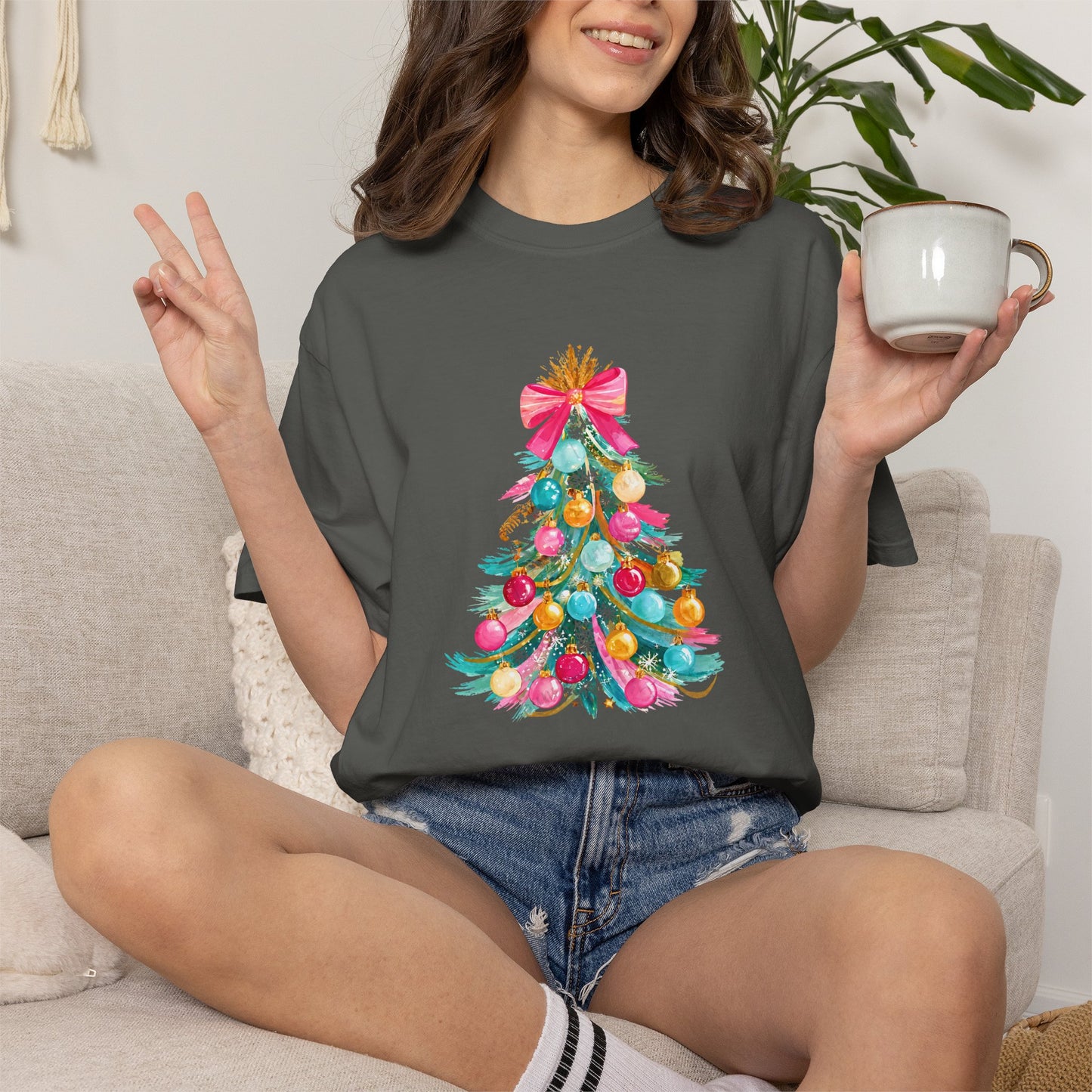 Preppy Pastel Christmas Ornament Tree Graphic T-Shirt — Colorful Ornament Holiday Tee