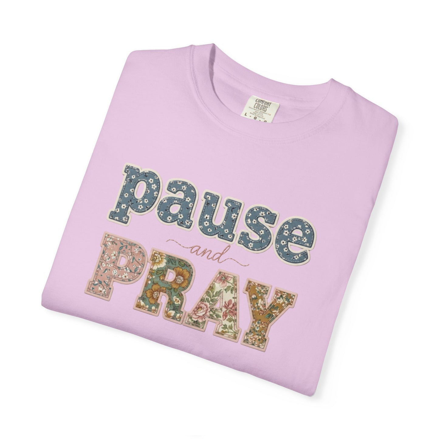 Pause and Pray Feux Patchwork Floral Scripture Tshirt • Vintage Cottagecore Christian Apparel for Women • Feminine Faith Aesthetic Tee