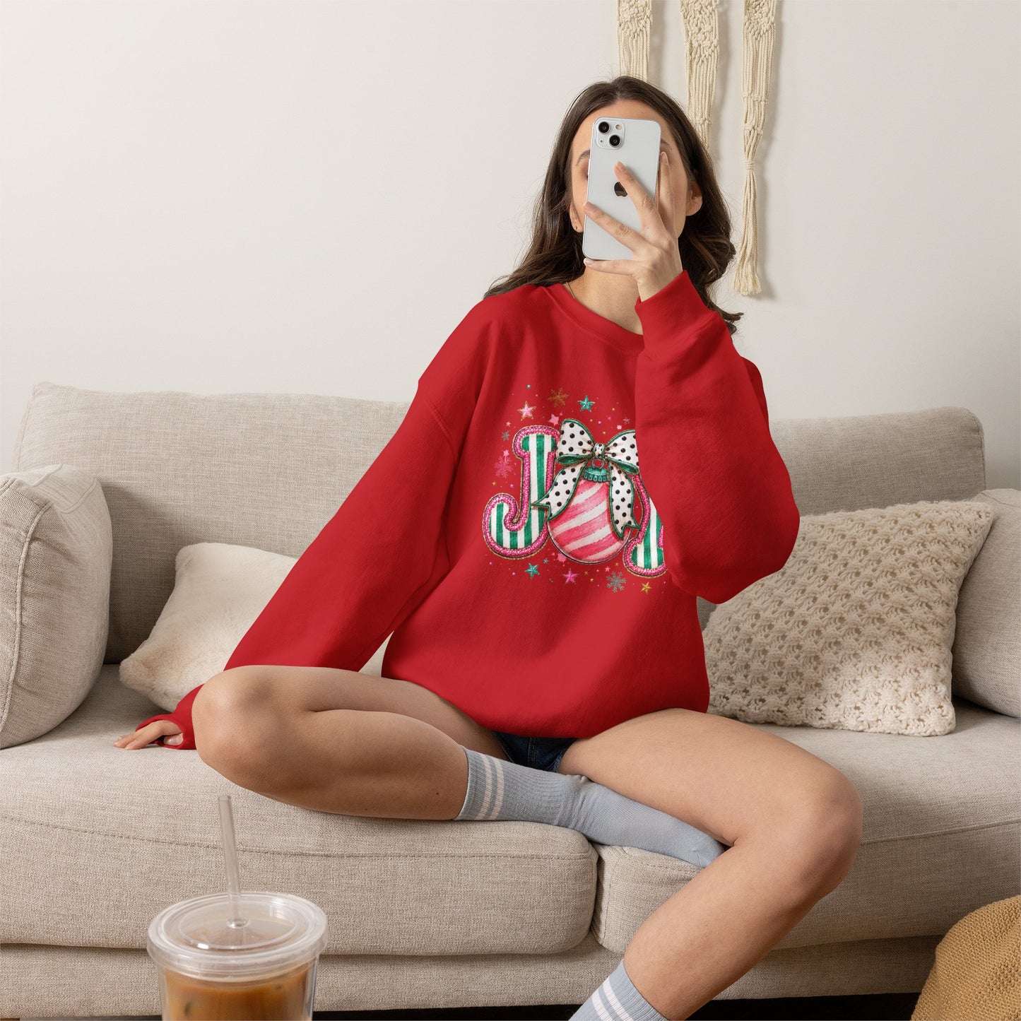 Joy Ornament Crewneck Sweatshirt – Pink & Green Holiday Joy Graphic