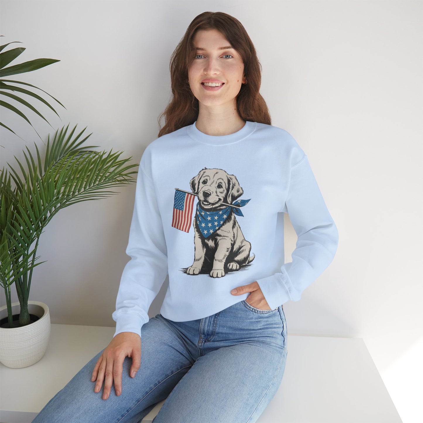 4th of July Patriotic Dog Puppy Crewneck • Americana Dog Lover Graphic sweatshirt • Red White Blue Flag