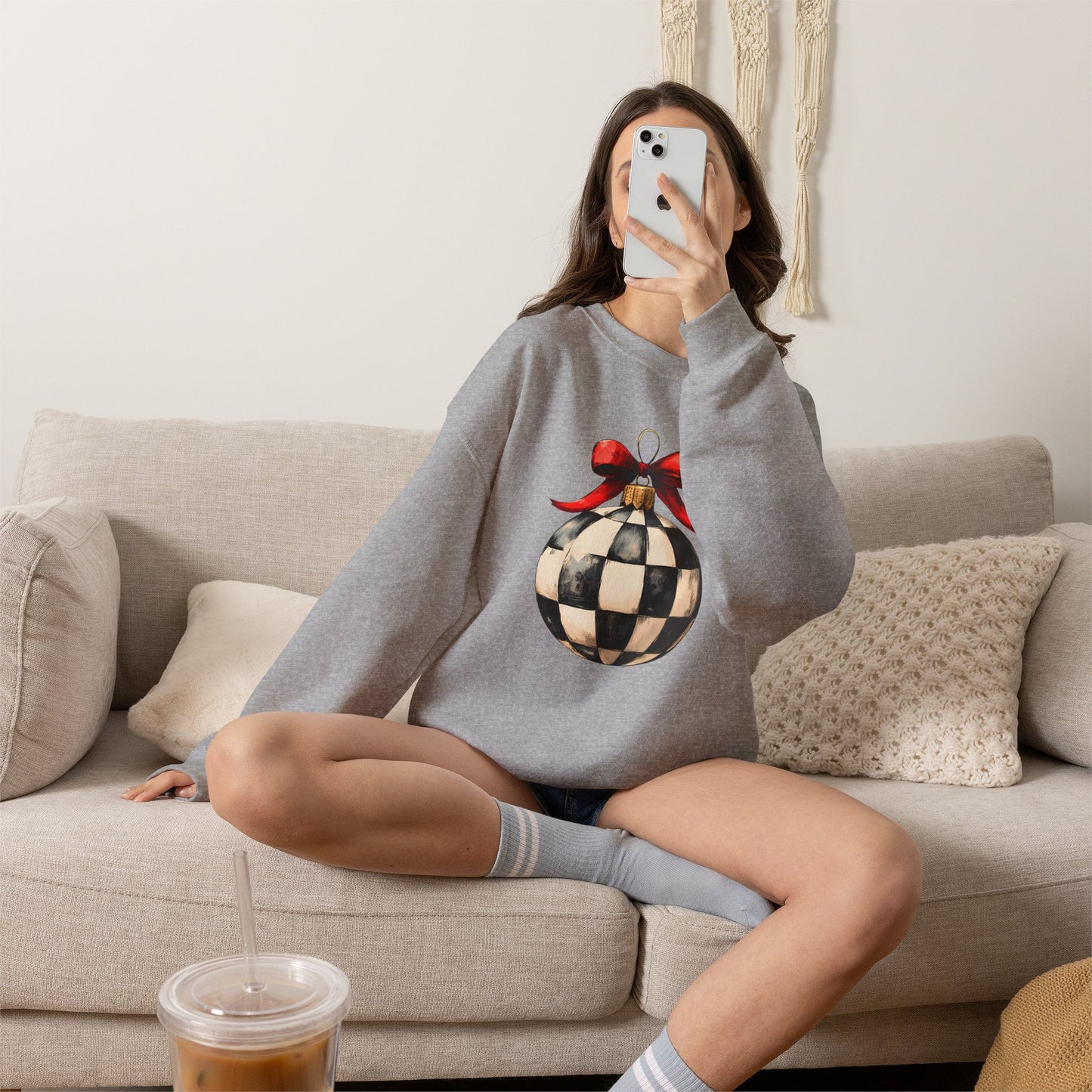 Checkerboard Ornament Crewneck Sweatshirt — Vintage Black & White Holiday Pullover