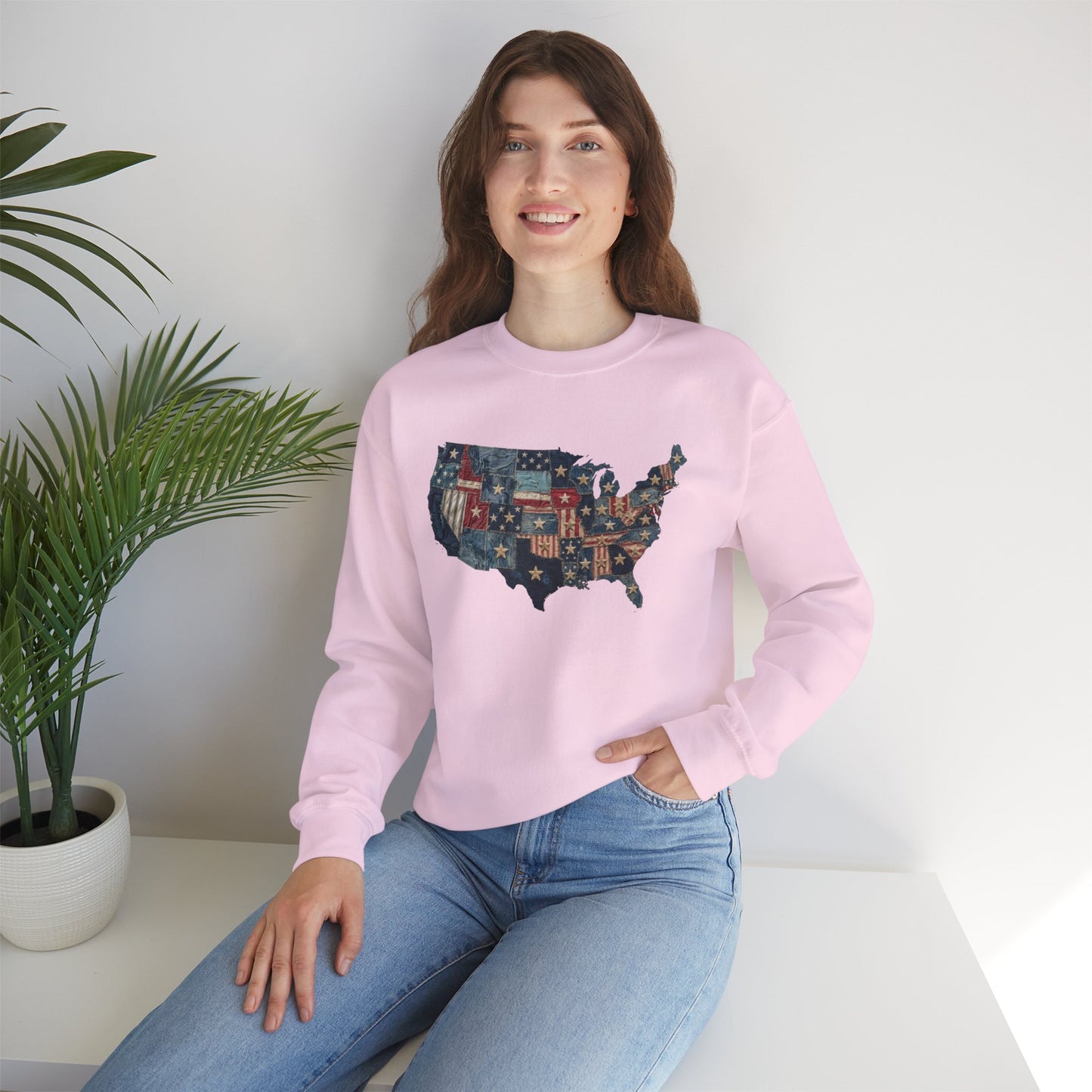 Patchwork American Flag Sweatshirt • USA Denim Map Crewneck • Patriotic Vintage Stars Graphic