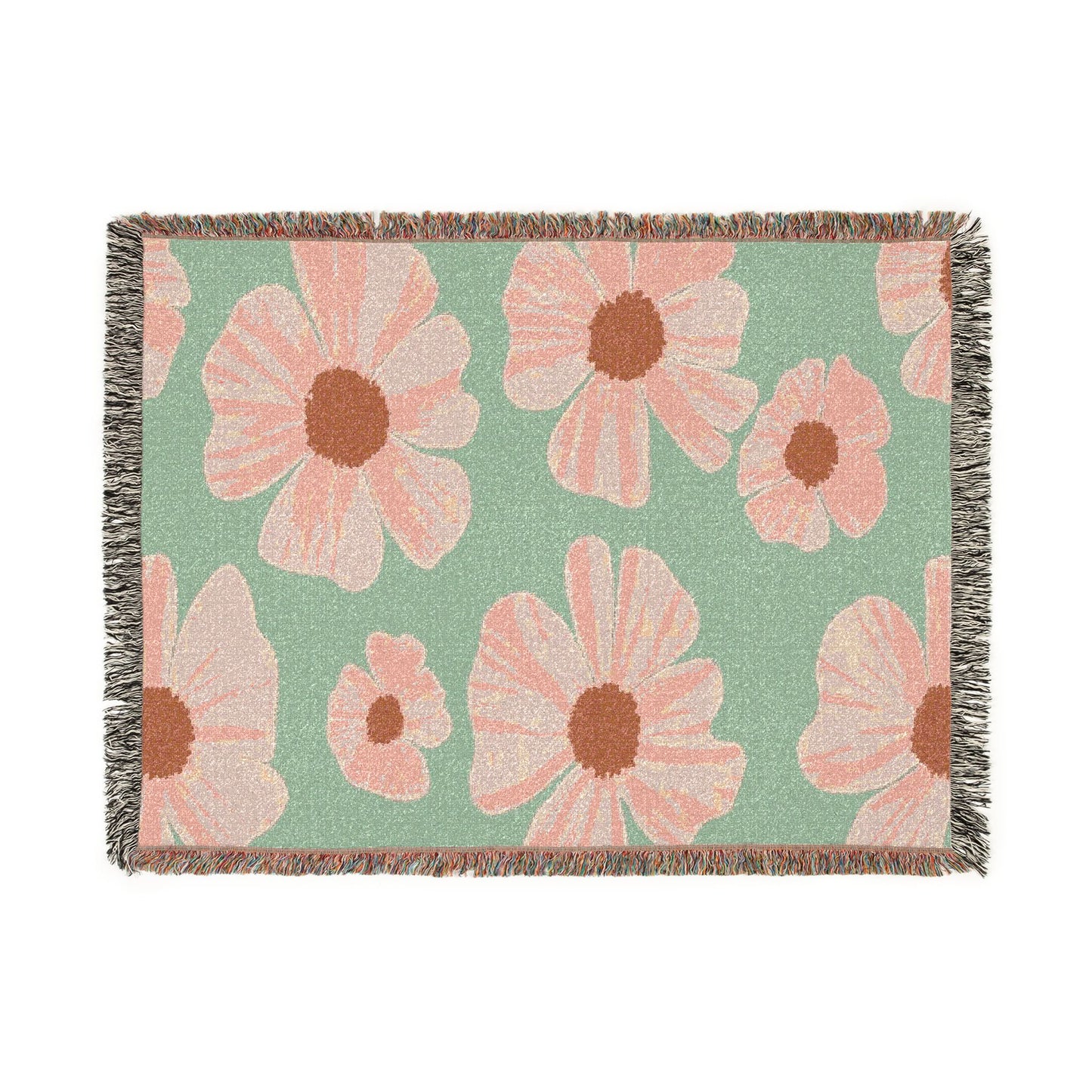 Vintage Retro Floral Woven Blanket — Pink Flowers on Green Background, Cozy Throw for Bedroom & Living Room