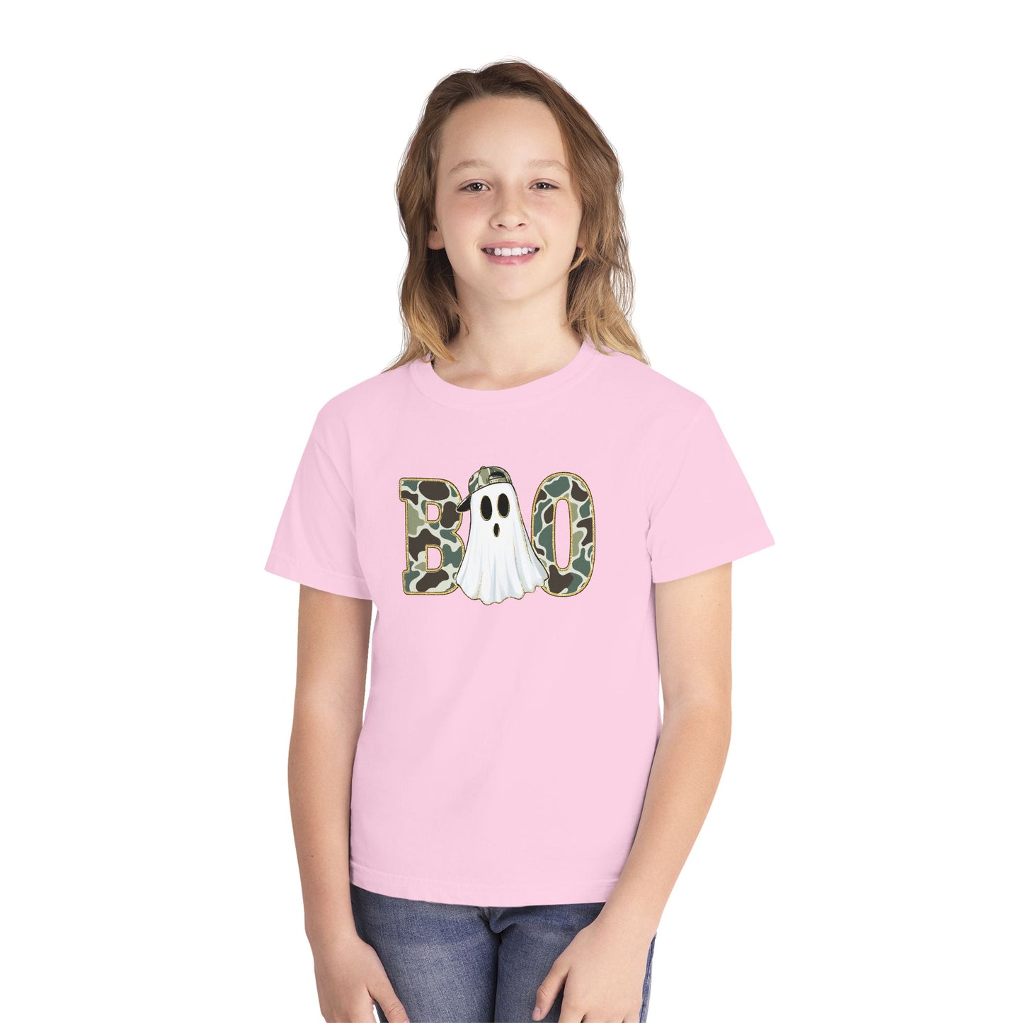 BOO Ghost Youth Tee — Camo Pattern Halloween Shirt for Kids
