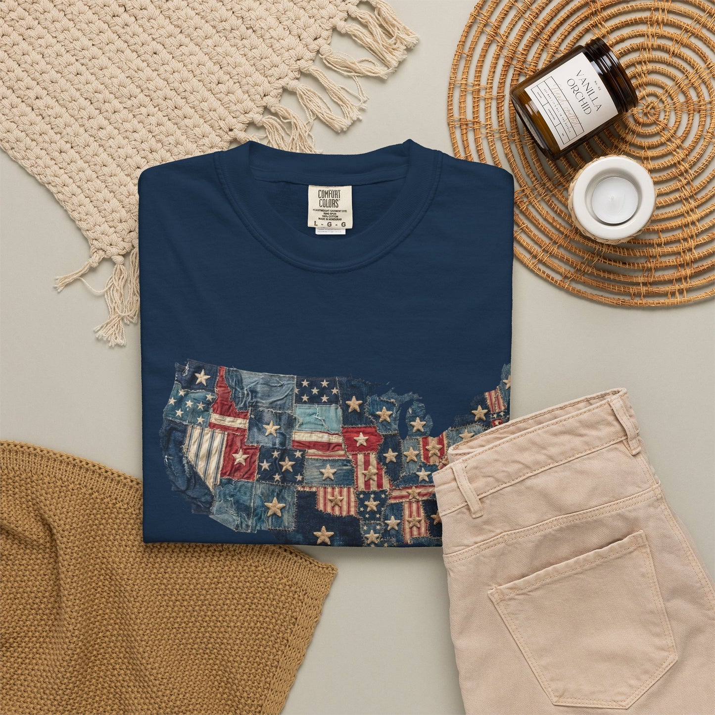 Denim American Flag T-Shirt • USA Patchwork Map Tee • Patriotic Vintage Stars Graphic Shirt