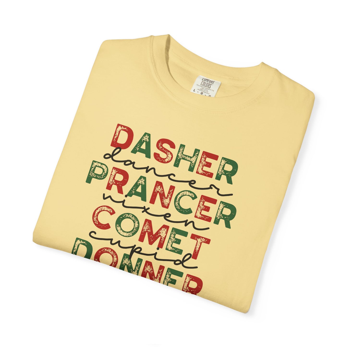Reindeer Names Christmas T-Shirt — Dasher, Dancer, Prancer, Vixen, Comet, Cupid, Donner, Rudolph