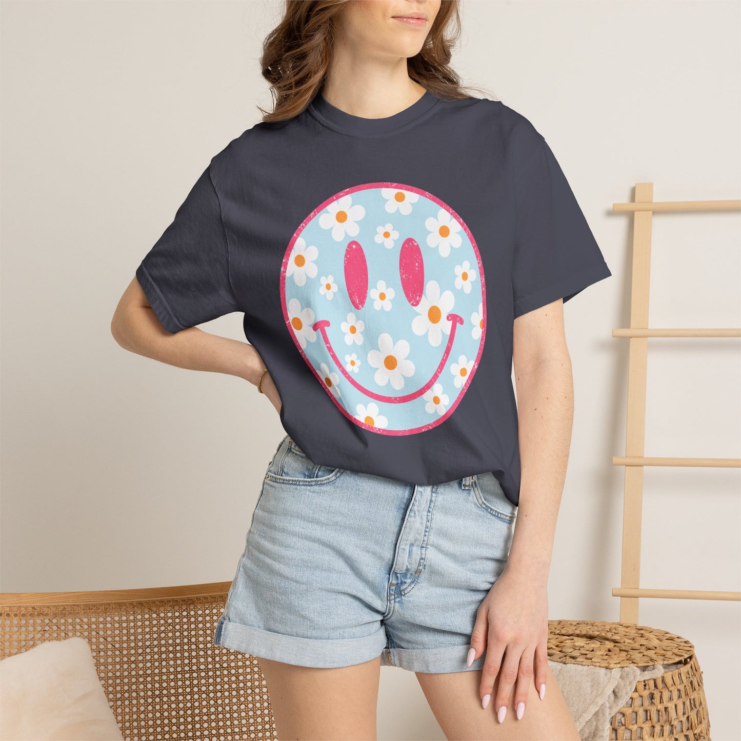 Pink Daisy Smiley Face Tee • Retro Floral Happy Face Shirt • Boutique Mama Graphic Tee