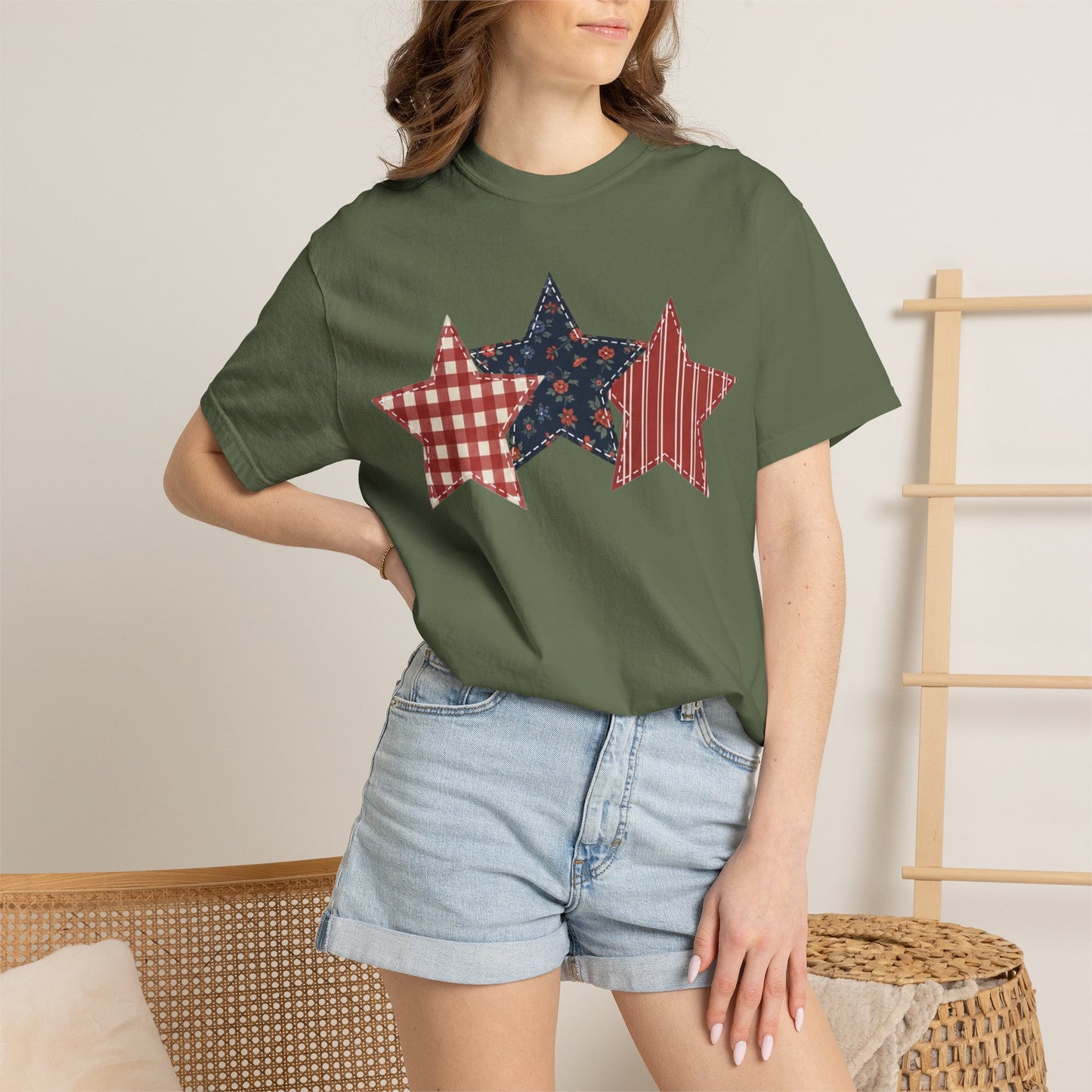 4th of July Patchwork Star T-Shirt for Summer nights • Floral Gingham Red White Blue USA Tee • Patriotic Outfit