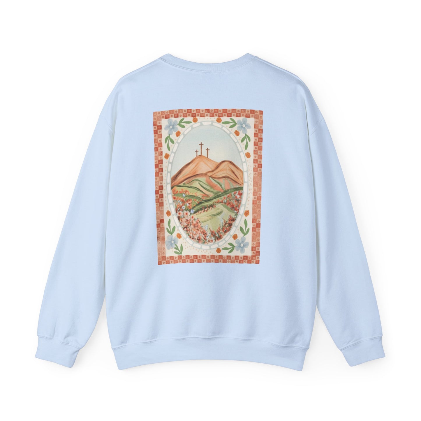 Easter Landscape Faith Sweatshirt (Front & Back) • Christian Mountain Cross Crewneck • Floral Resurrection Scene Graphic
