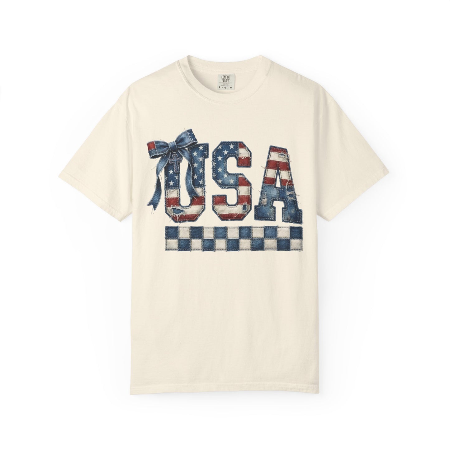 USA Patchwork Denim T-Shirt • Red White Blue Coquette Bow Tee • Americana Graphic Shirt