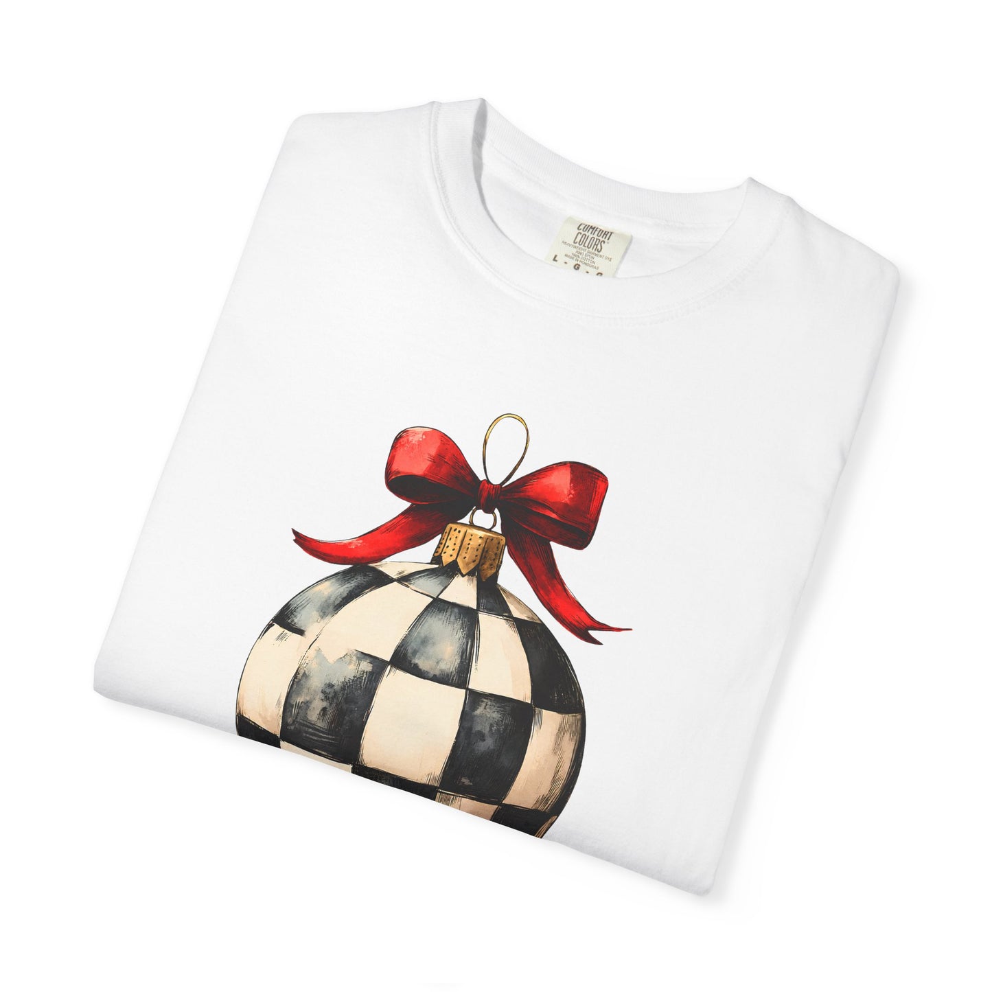 Checkerboard Ornament T-Shirt — Holiday Ball with Red Bow