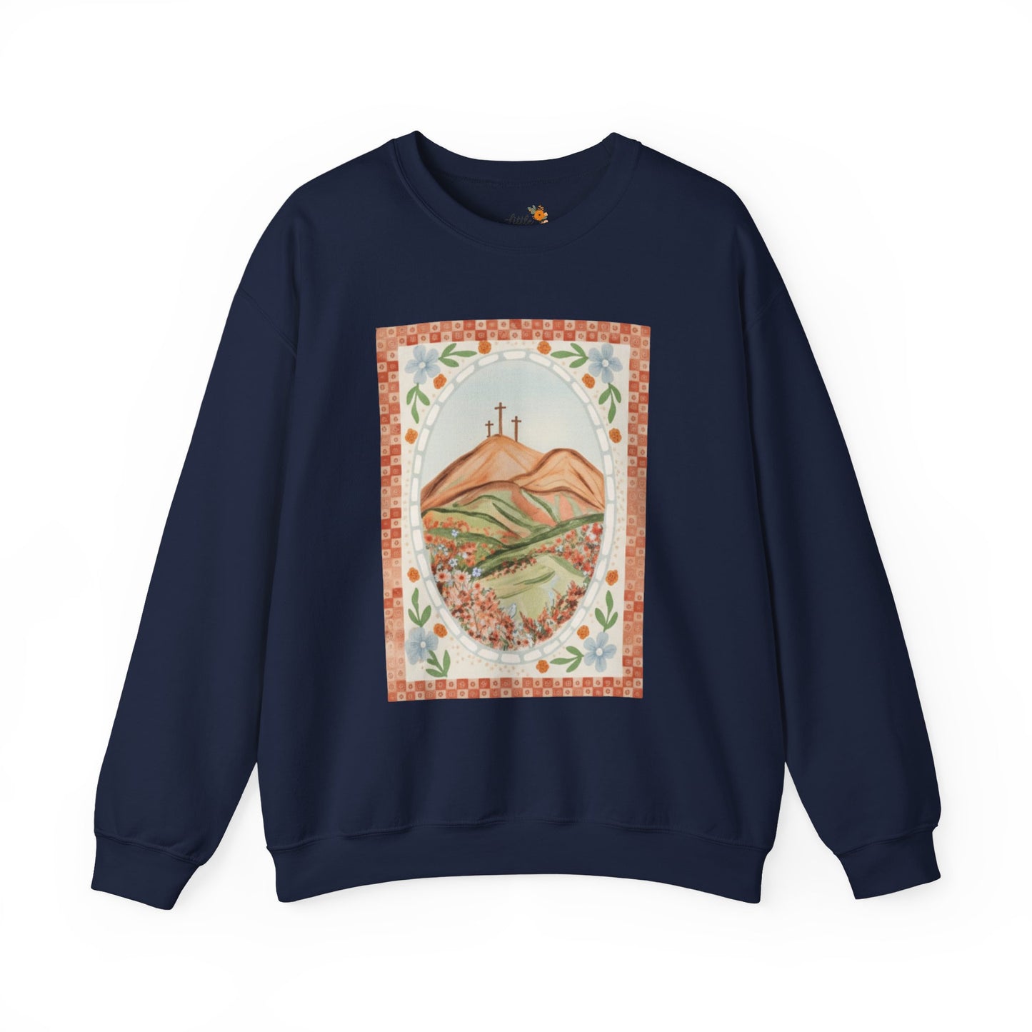 Easter Landscape Faith Sweatshirt (Front Only) • Christian Mountain Cross Crewneck • Floral Resurrection Scene Graphic