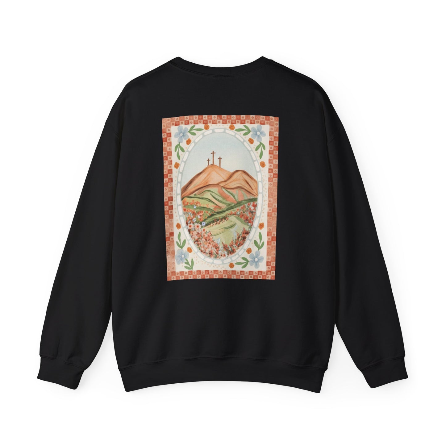 Easter Landscape Faith Sweatshirt (Front & Back) • Christian Mountain Cross Crewneck • Floral Resurrection Scene Graphic