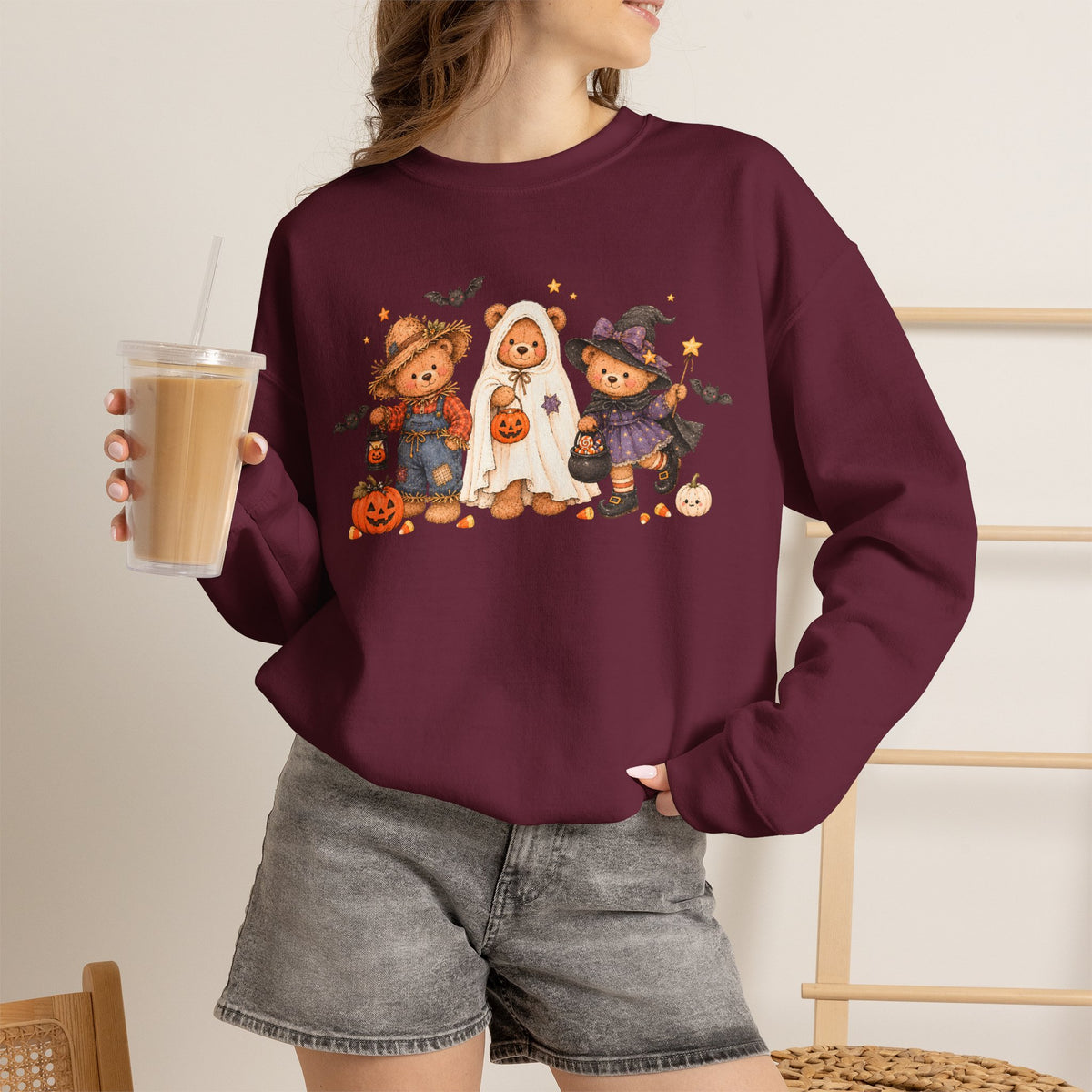 Halloween Teddy Bear Sweatshirt, Cute Trick or Treat Crewneck, Witch Ghost Scarecrow Bears, Spooky Season Fall Sweatshirt