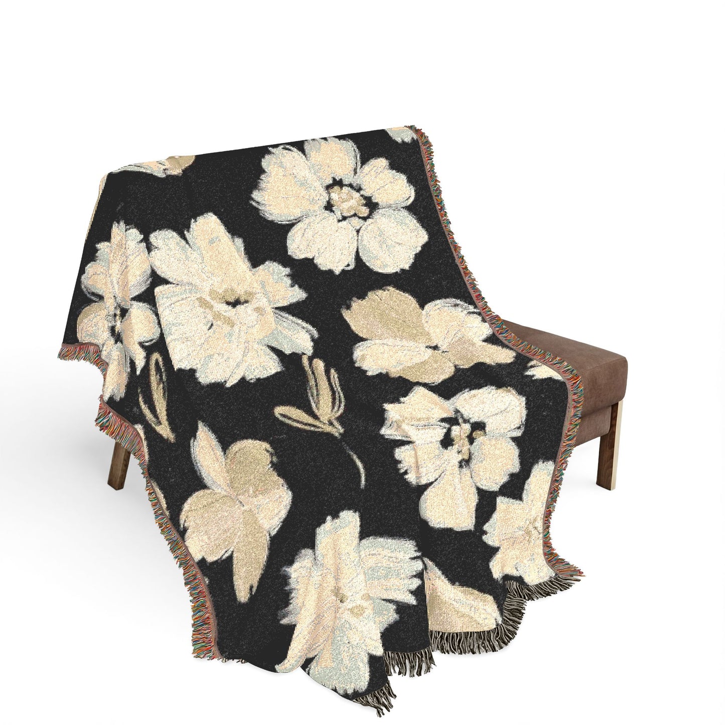 Black & White Painted Floral Woven Blanket — Monochrome Floral Throw