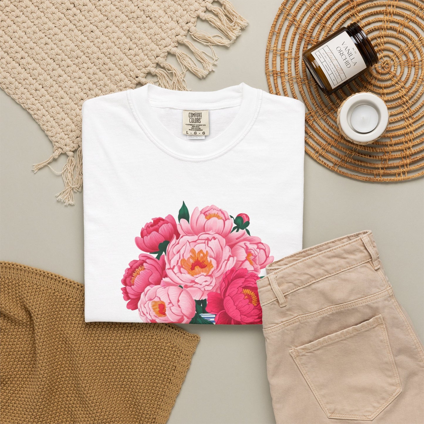 Peony Bouquet T-Shirt — Pink Peony in Vintage White & Blue Floral Vase