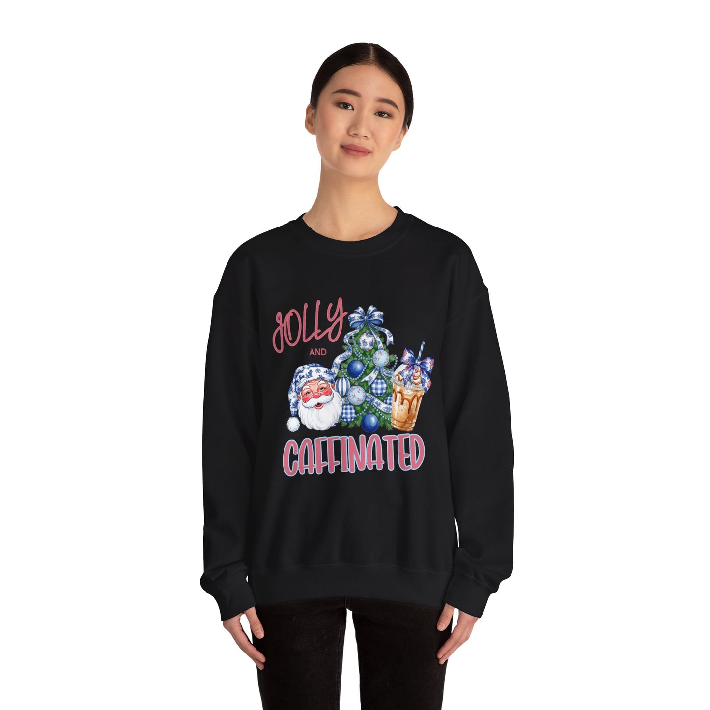 Jolly and Caffeinated Sweatshirt - Cozy Holiday Crewneck for Christmas, Winter, Gift, Festive Wear, Comfy Apparel