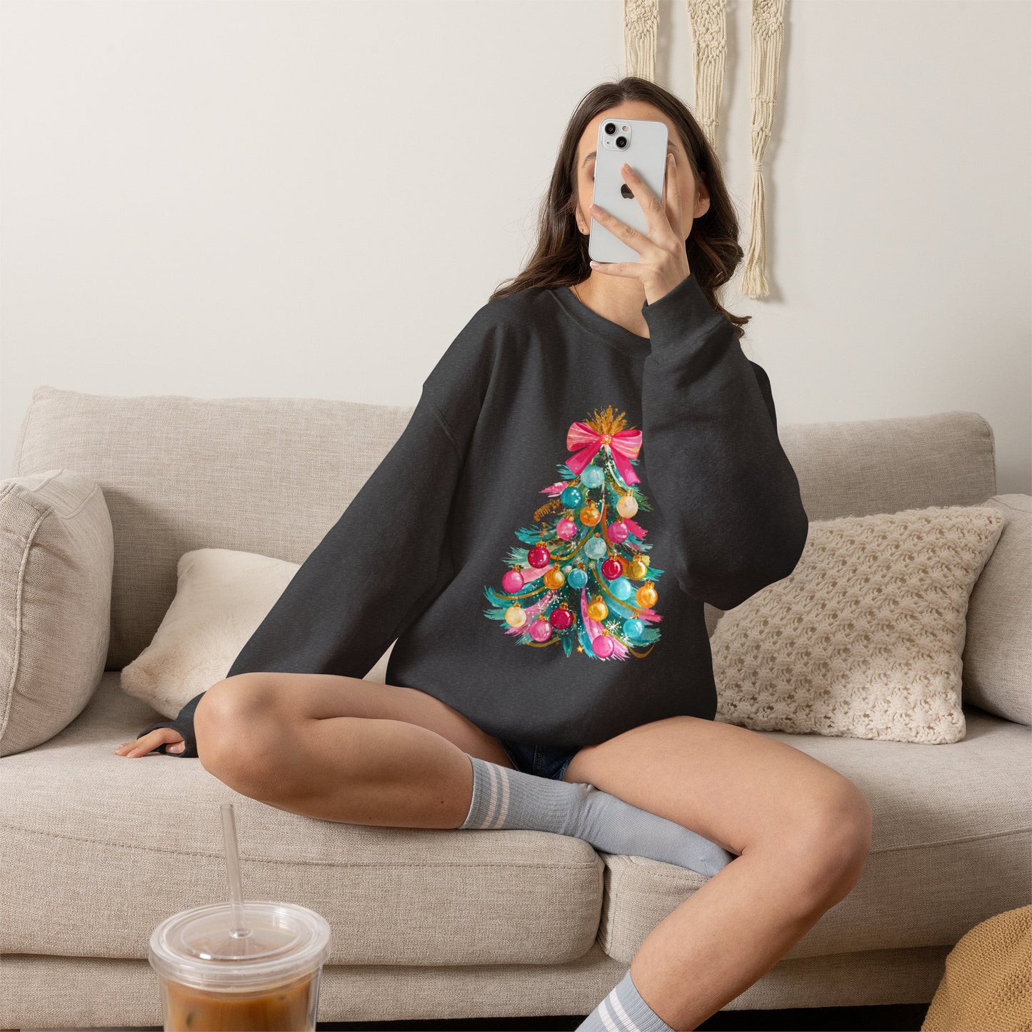 Preppy Pastel Christmas OrnamentTree Crewneck Sweatshirt — Pastel Ornament Holiday Sweatshirt