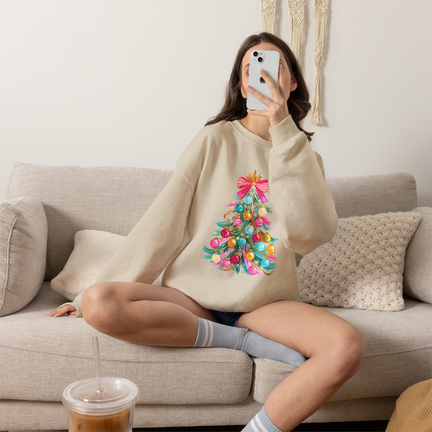 Preppy Pastel Christmas OrnamentTree Crewneck Sweatshirt — Pastel Ornament Holiday Sweatshirt