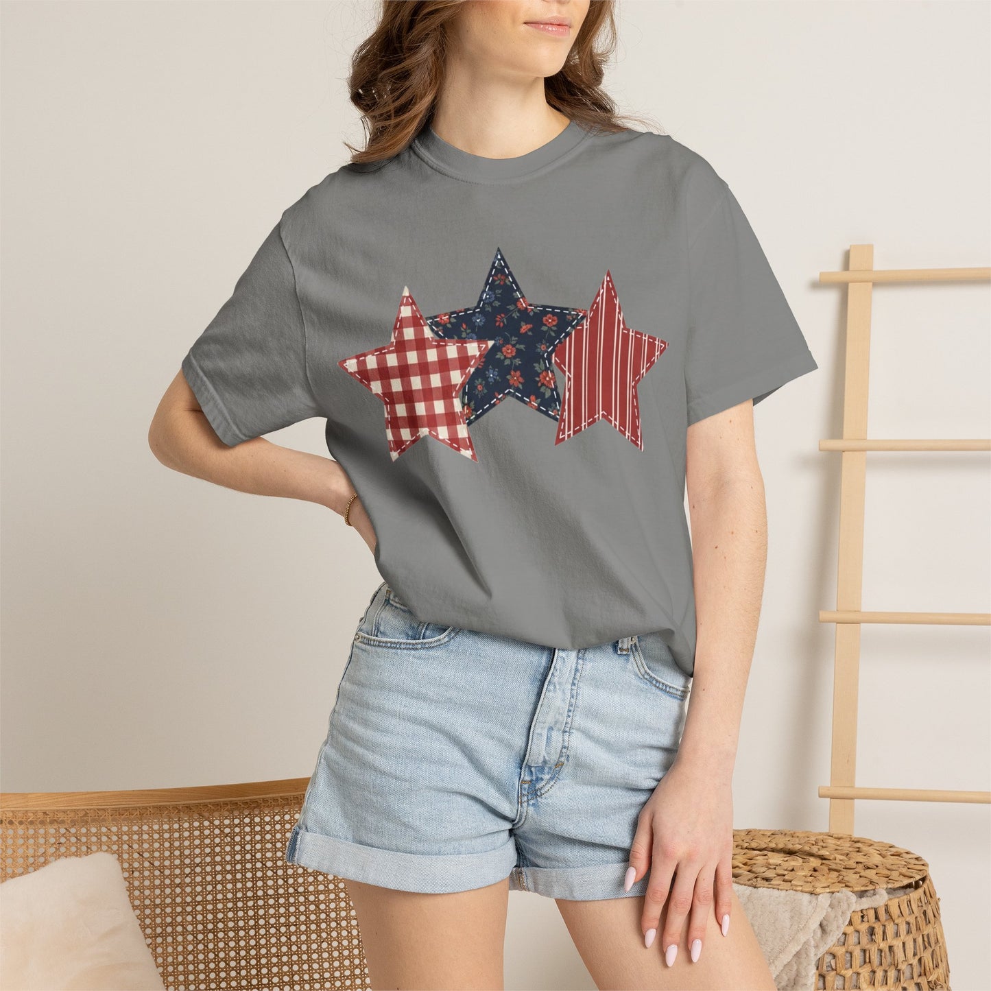 4th of July Patchwork Star T-Shirt for Summer nights • Floral Gingham Red White Blue USA Tee • Patriotic Outfit