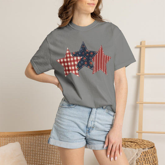 4th of July Patchwork Star T-Shirt for Summer nights • Floral Gingham Red White Blue USA Tee • Patriotic Outfit
