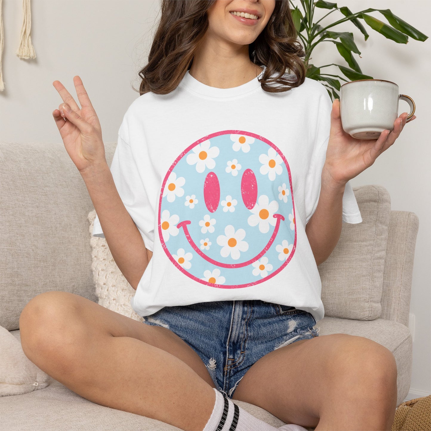 Pink Daisy Smiley Face Tee • Retro Floral Happy Face Shirt • Boutique Mama Graphic Tee