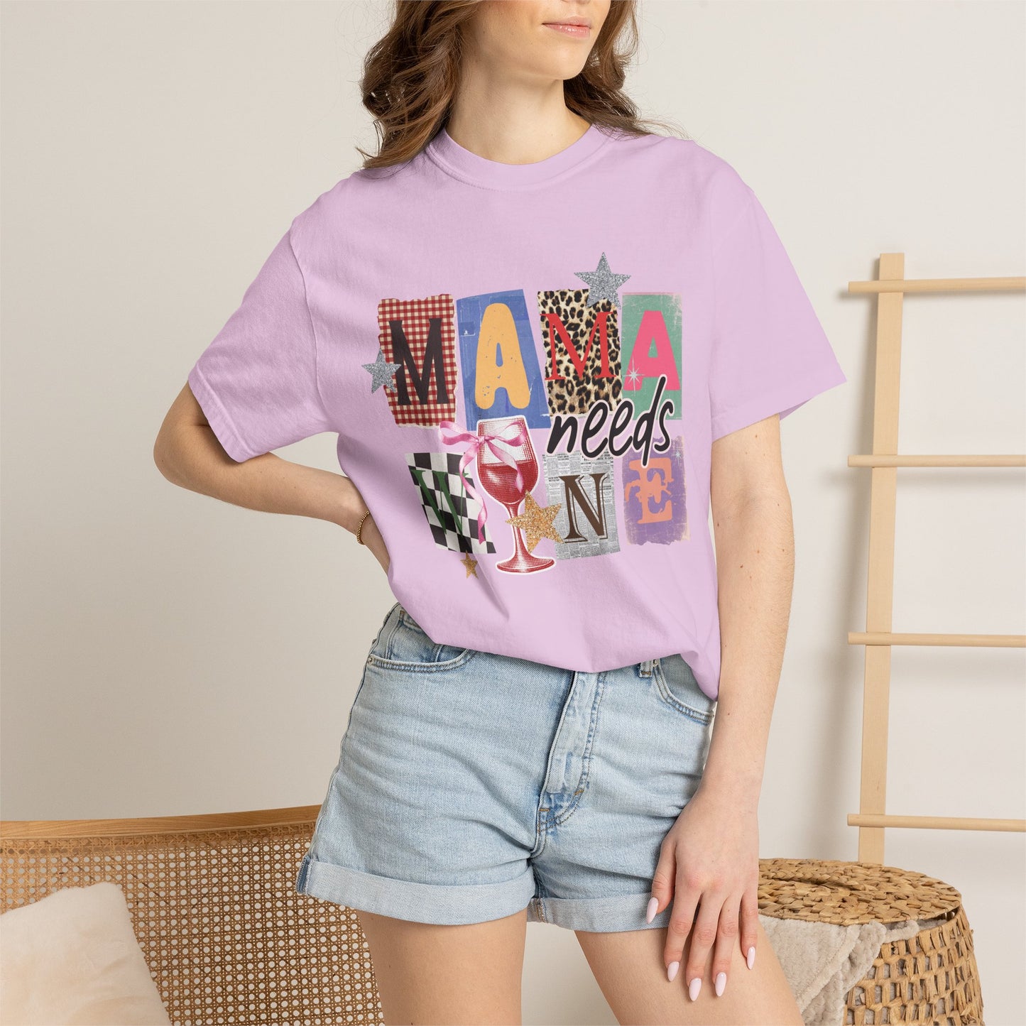 Mama Needs Wine Graphic Tee • Funny Mom Shirt Women • Trendy Patchwork Mixed Print Leopard Gingham Tee • Mom Life Shirt