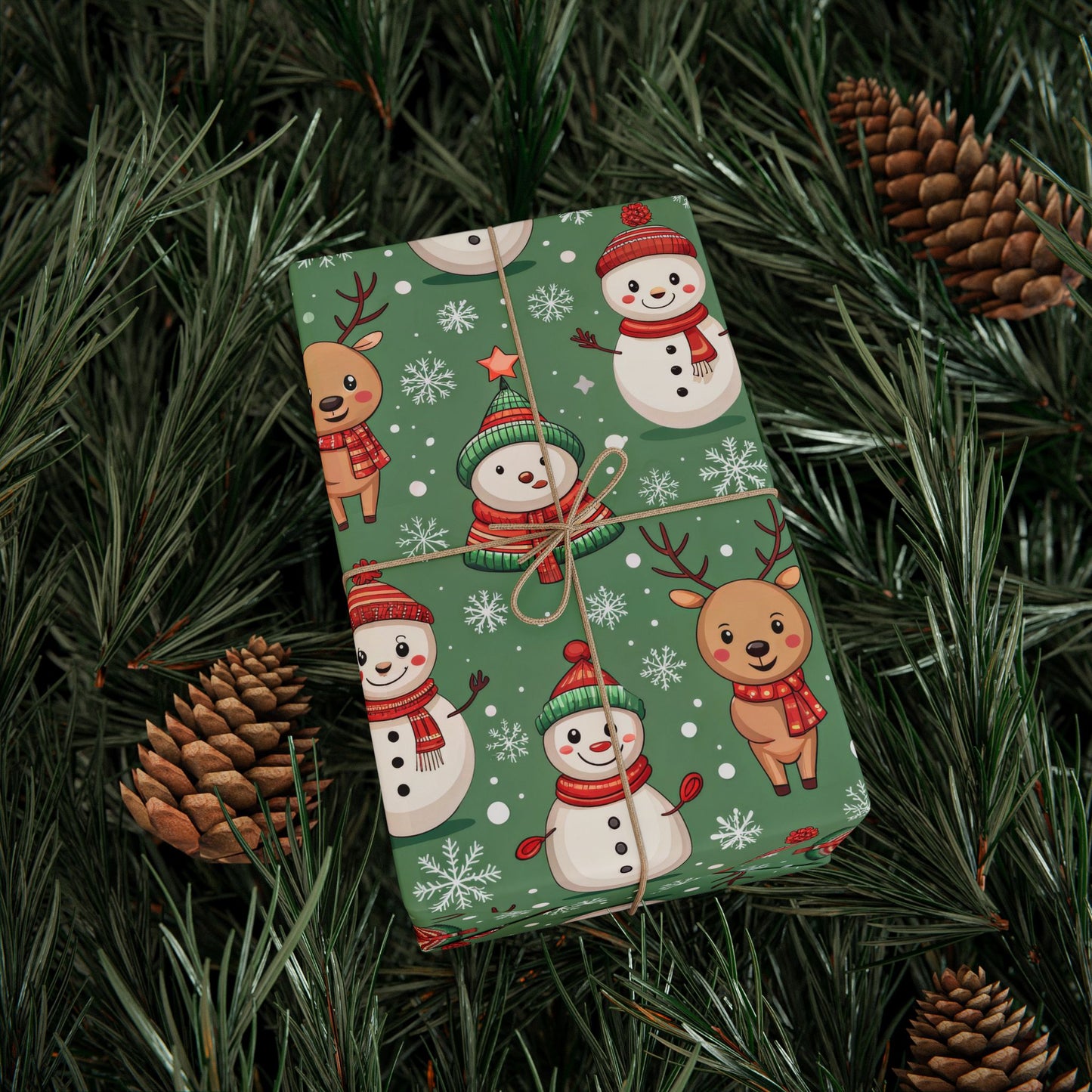 Snowman & Reindeer Christmas Wrapping Paper & Blanket | Cozy Green Winter Pattern | Cute Holiday Gift Wrap | Whimsical Christmas Decor