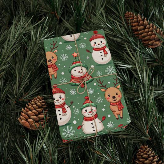 Snowman & Reindeer Christmas Wrapping Paper & Blanket | Cozy Green Winter Pattern | Cute Holiday Gift Wrap | Whimsical Christmas Decor