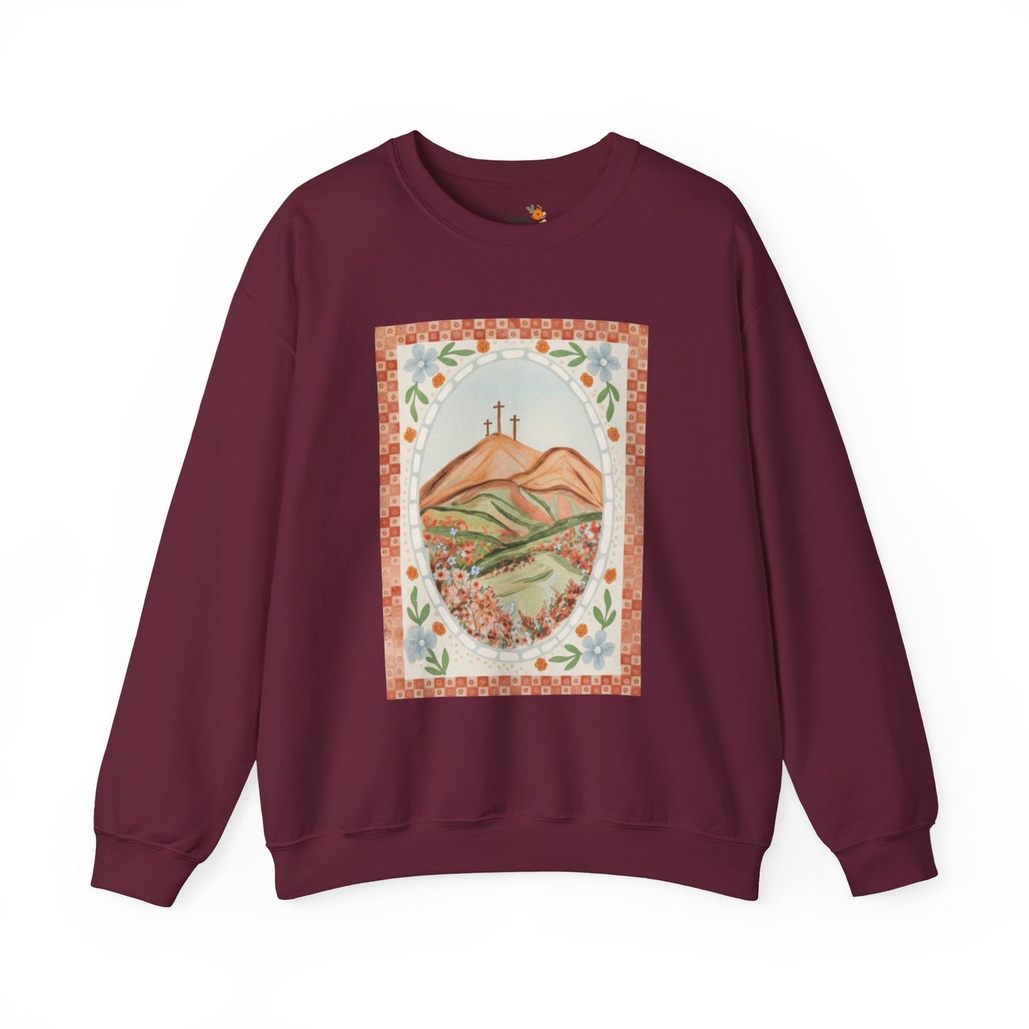 Easter Landscape Faith Sweatshirt (Front Only) • Christian Mountain Cross Crewneck • Floral Resurrection Scene Graphic