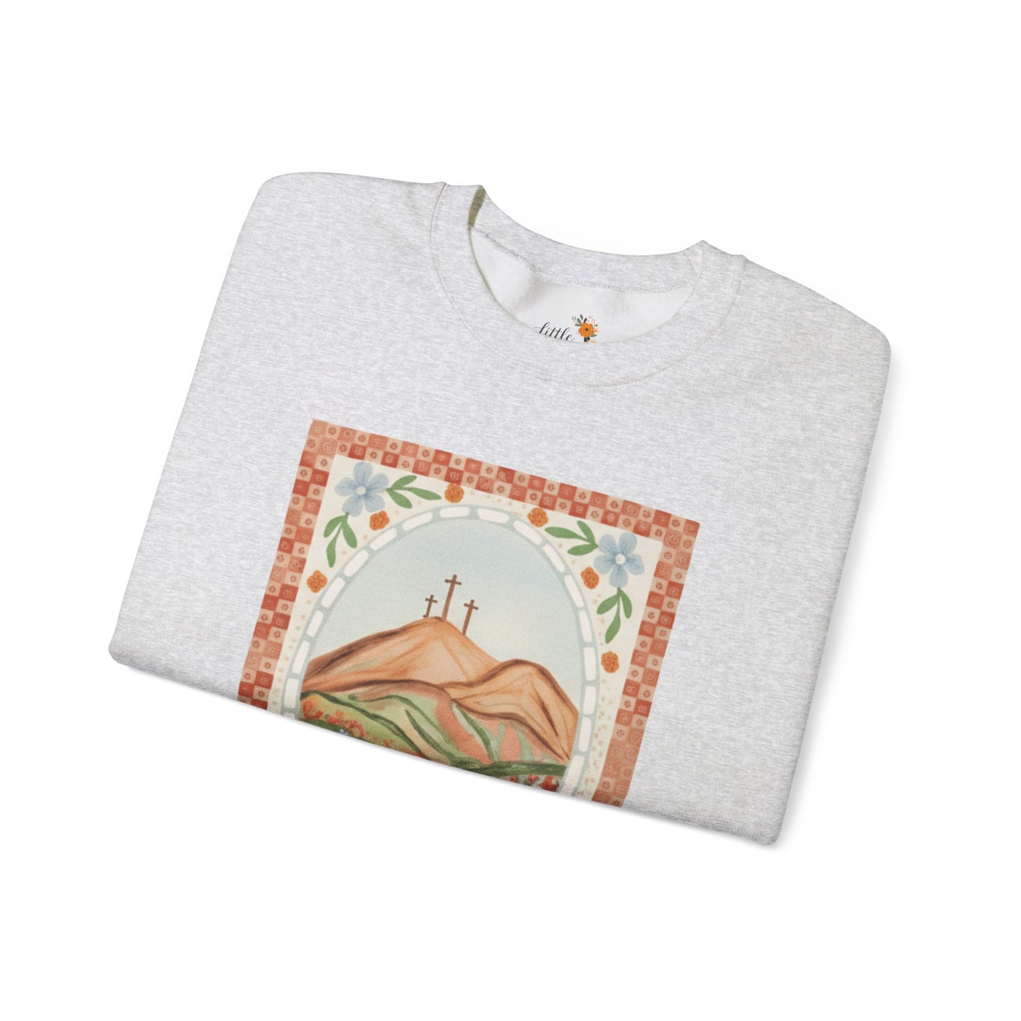 Easter Landscape Faith Sweatshirt (Front Only) • Christian Mountain Cross Crewneck • Floral Resurrection Scene Graphic