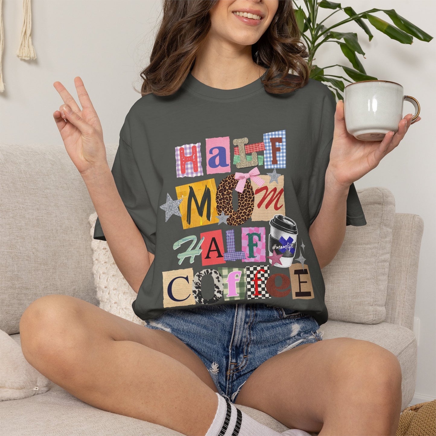 Half Mom Half Coffee Graphic Tee • Funny Mom Shirt Women • Trendy Patchwork Mixed Print Leopard Gingham Tee • Mom Life Shirt