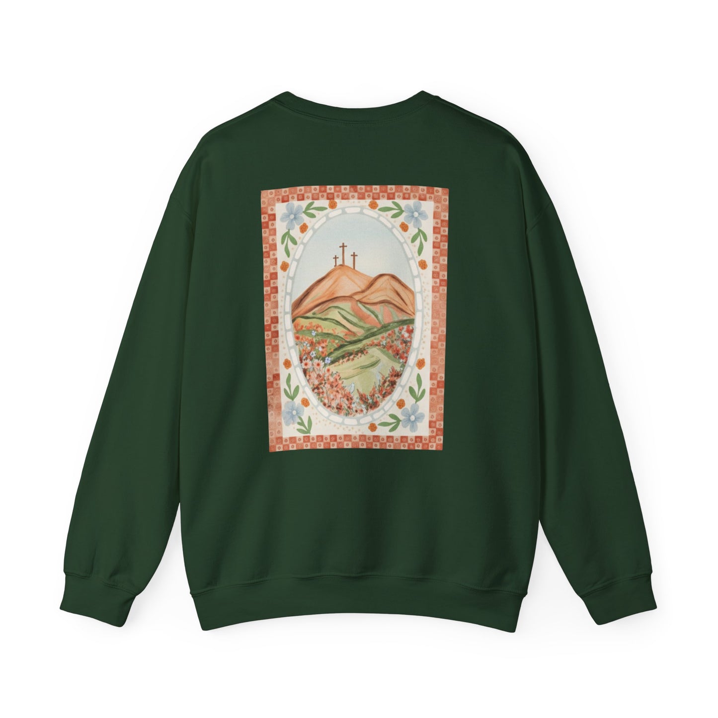 Easter Landscape Faith Sweatshirt (Front & Back) • Christian Mountain Cross Crewneck • Floral Resurrection Scene Graphic