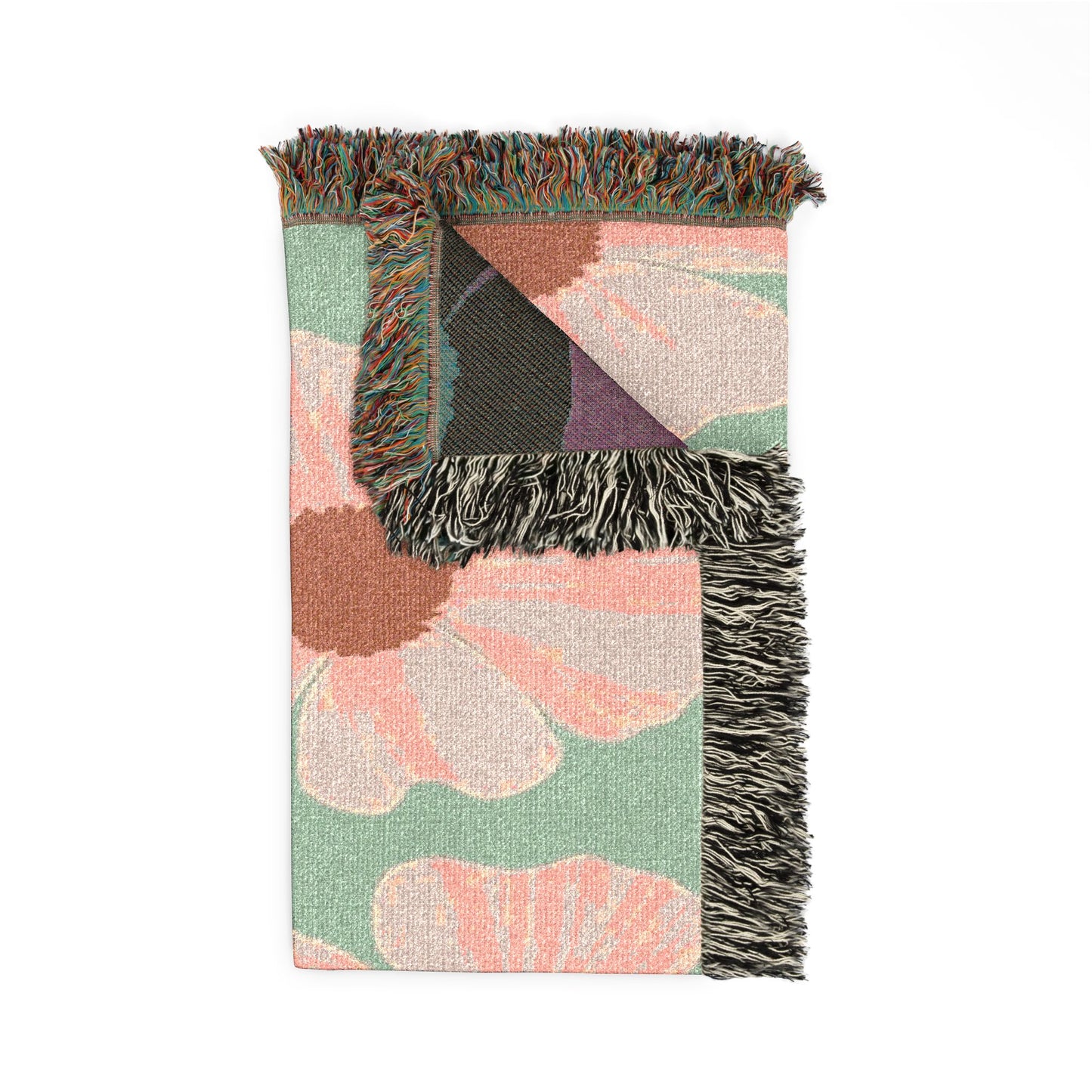Vintage Retro Floral Woven Blanket — Pink Flowers on Green Background, Cozy Throw for Bedroom & Living Room