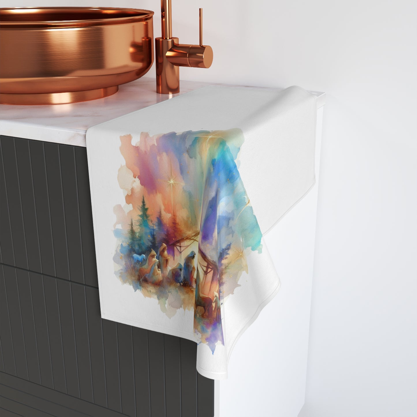 The Greatest Gift of All Nativity Hand Towel | Watercolor Christmas Decor | Faith Wall Art | Holy Family Gift | Christian Holiday Collection