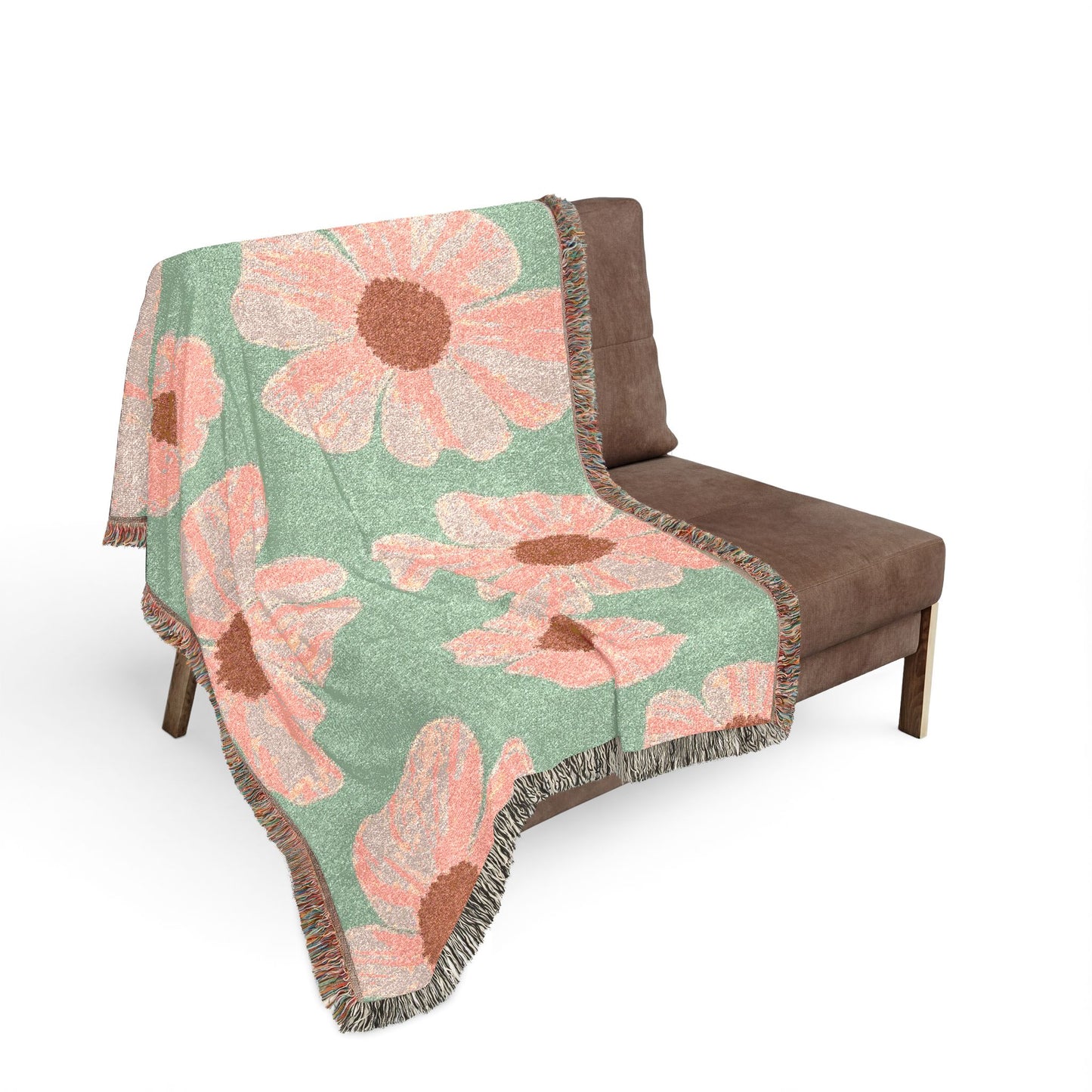 Vintage Retro Floral Woven Blanket — Pink Flowers on Green Background, Cozy Throw for Bedroom & Living Room