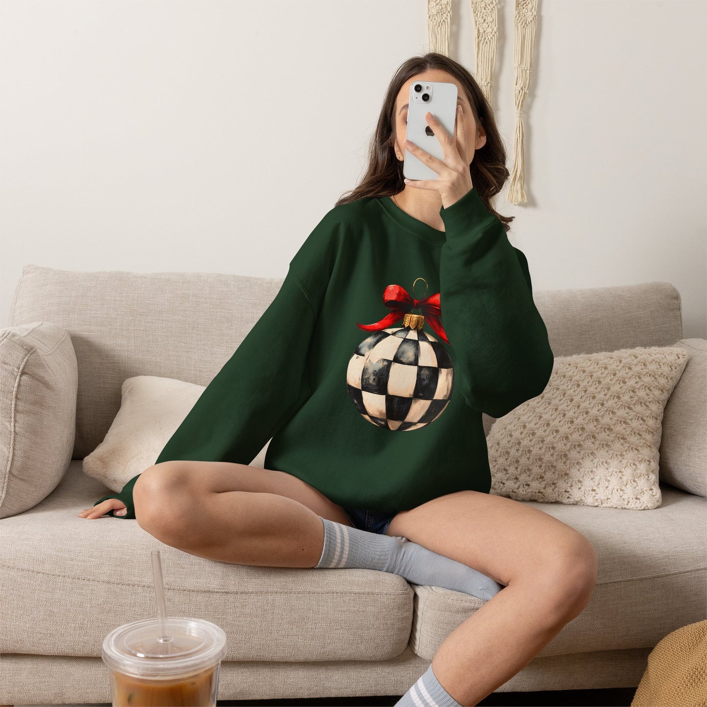 Checkerboard Ornament Crewneck Sweatshirt — Vintage Black & White Holiday Pullover