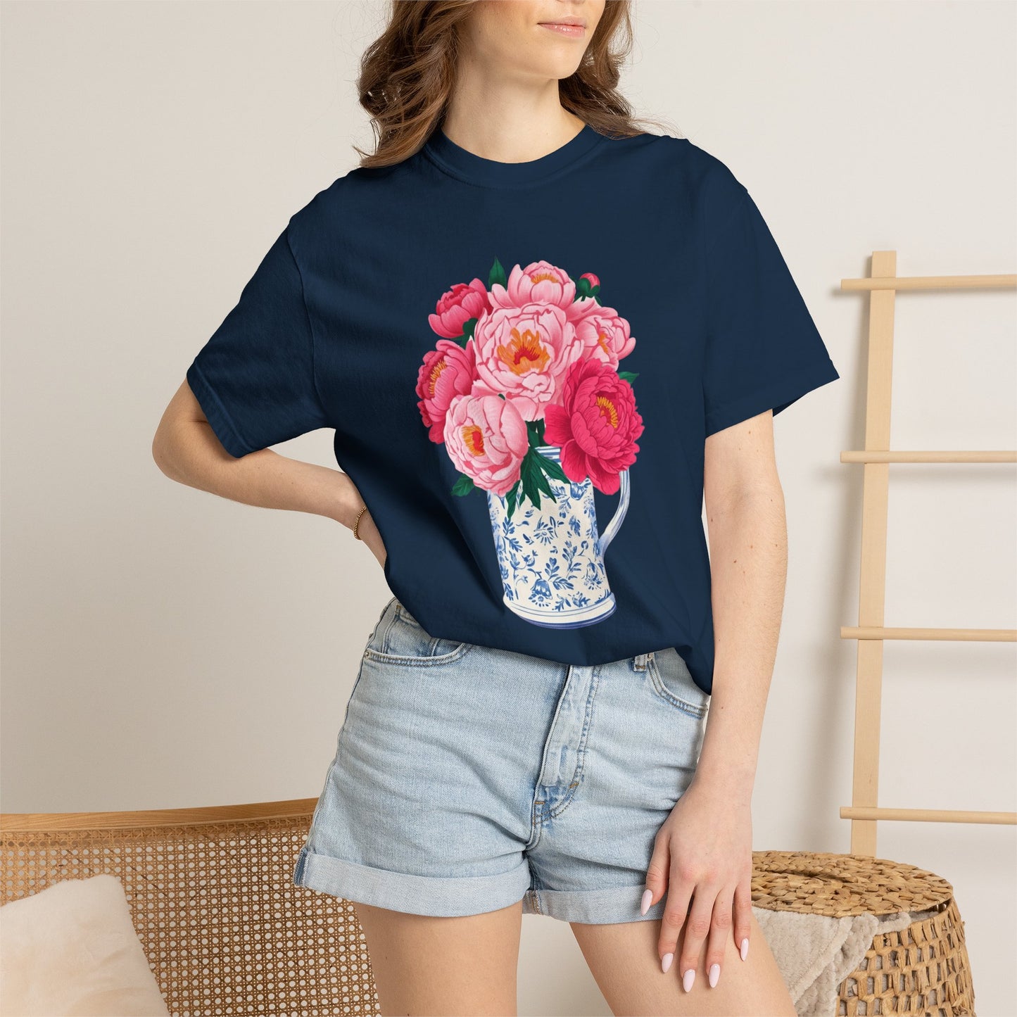 Peony Bouquet T-Shirt — Pink Peony in Vintage White & Blue Floral Vase