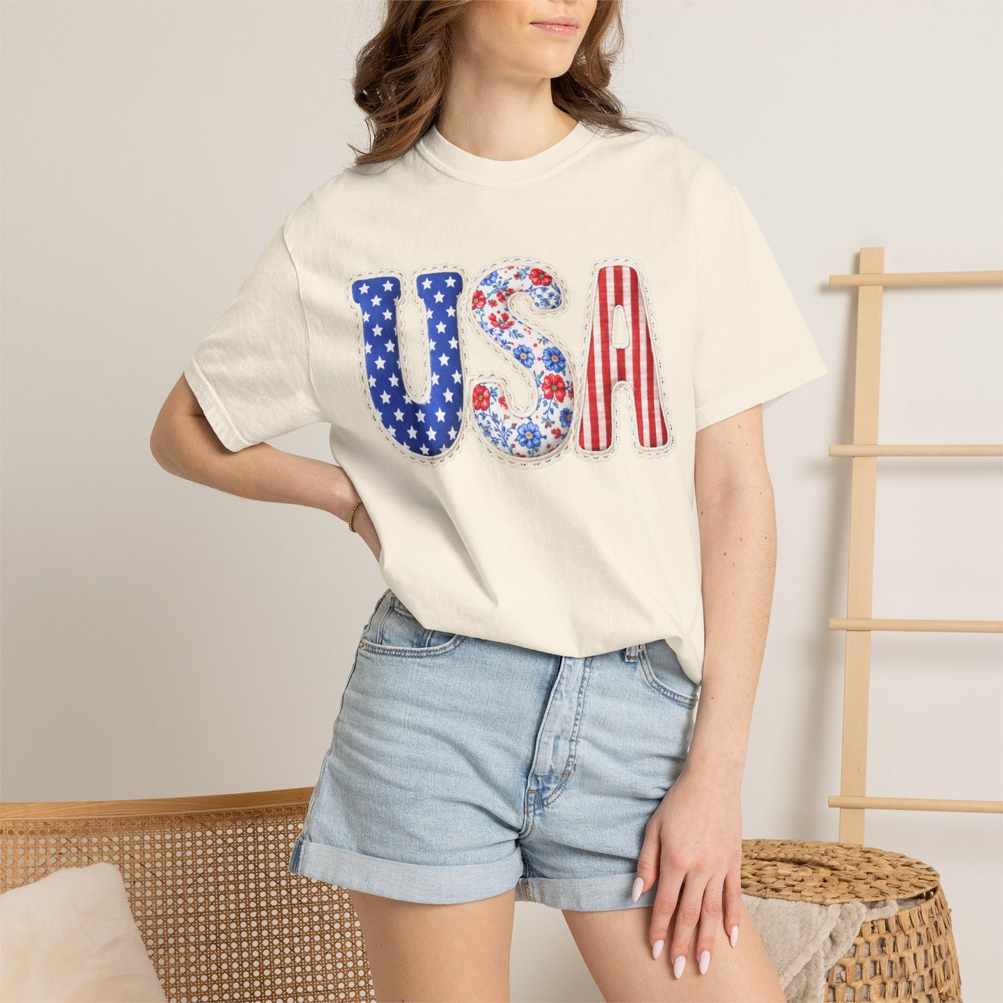 Floral Patchwork USA Shirt • Preppy Patriotic Tee • Vintage Americana Gingham Shirt • 4th of July Mom Outfit