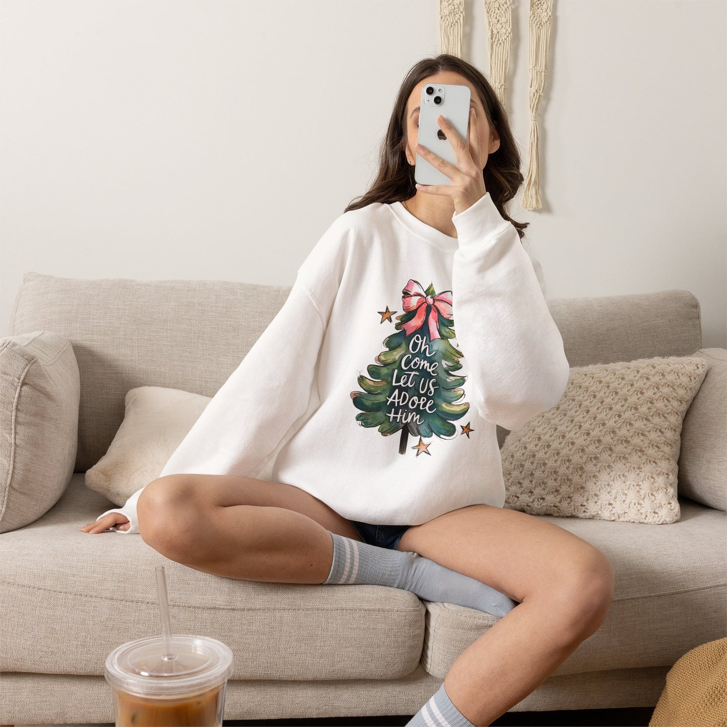 Christmas Tree Sweatshirt — "Oh Come Let Us Adore Him" Holiday Crewneck