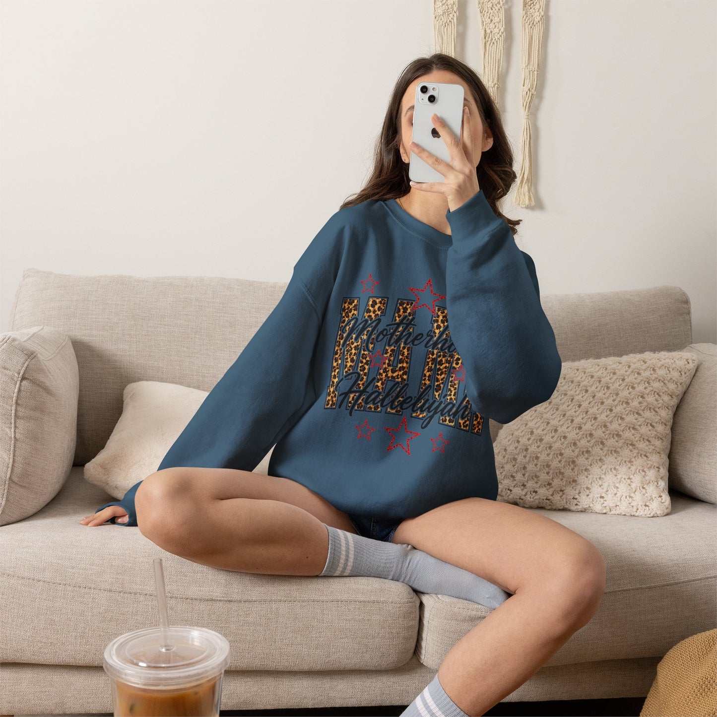 Motherhood Hallelujah Crewneck Sweatshirt — Leopard Flag Graphic