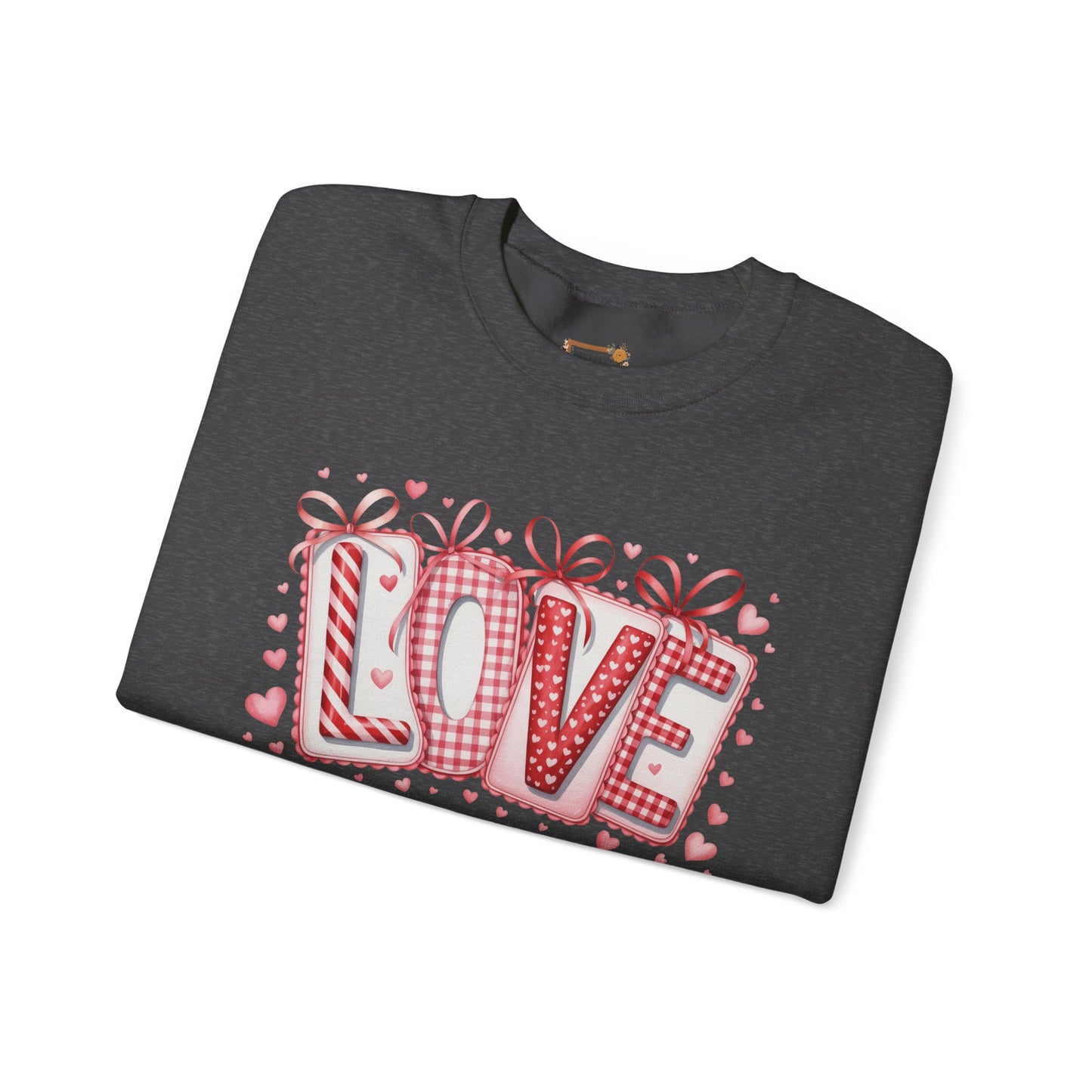 Valentine LOVE Sweatshirt with Coquette Bows and Patchwork Letters • Girly Romantic Aesthetic