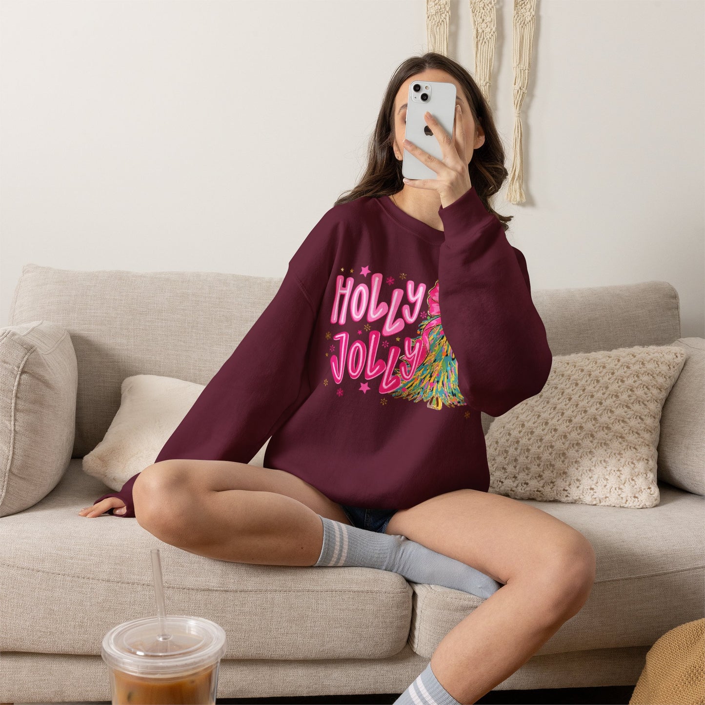 Holly Jolly Pink Christmas Tree Crewneck Sweatshirt