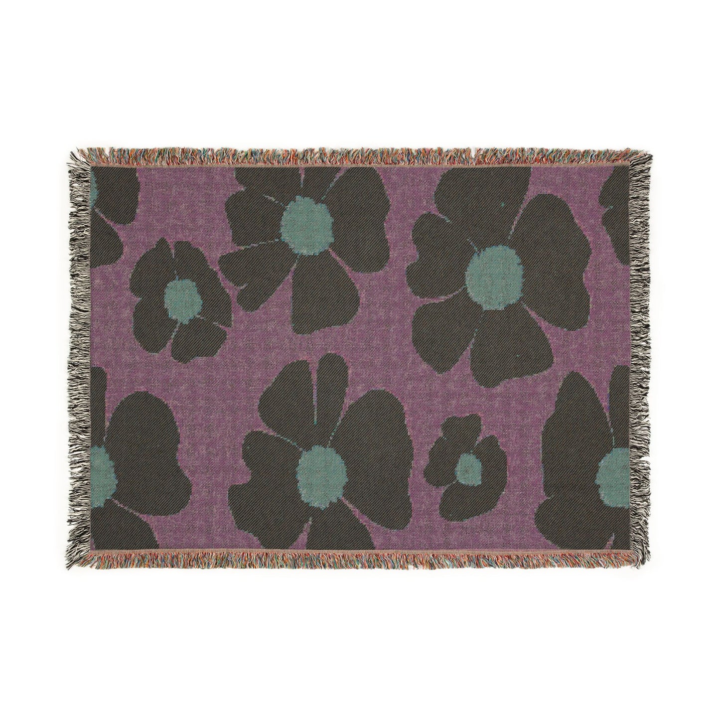 Vintage Retro Floral Woven Blanket — Pink Flowers on Green Background, Cozy Throw for Bedroom & Living Room