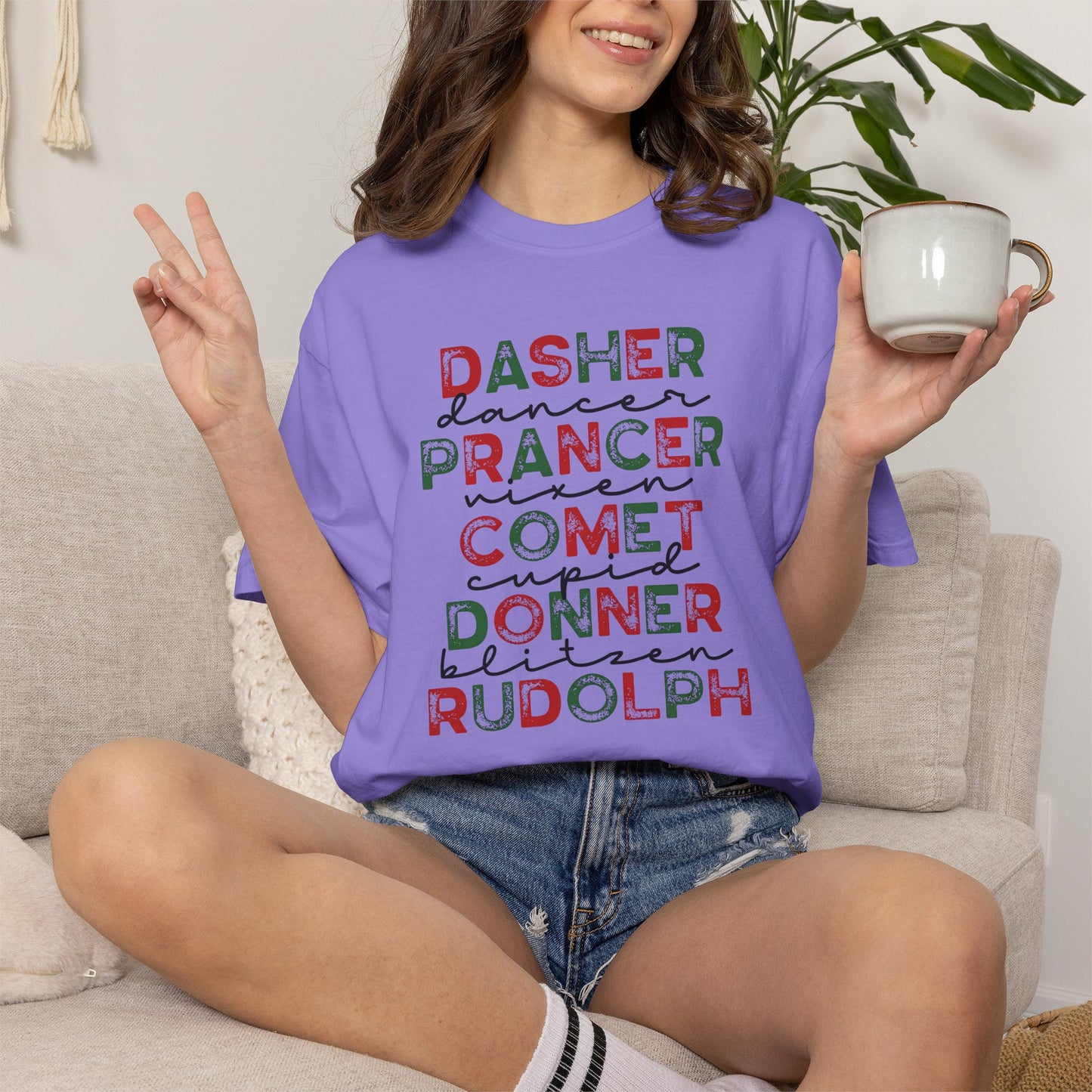 Reindeer Names Christmas T-Shirt — Dasher, Dancer, Prancer, Vixen, Comet, Cupid, Donner, Rudolph