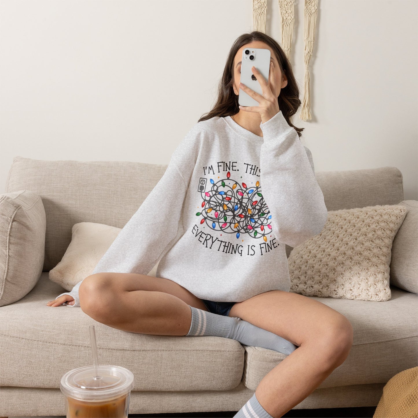 Crewneck Sweatshirt — "I'm Fine. This is Fine. Everything is Fine." Holiday Lights Design