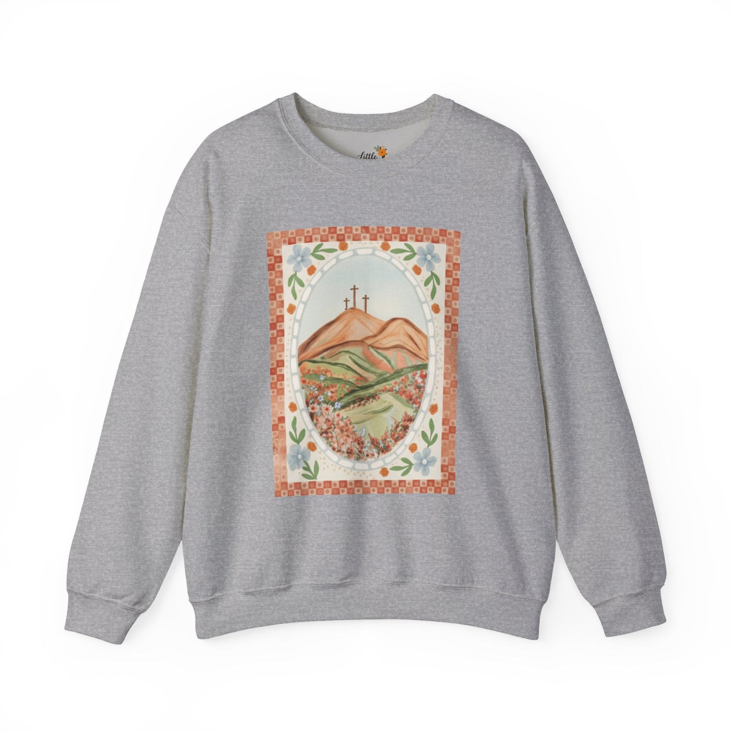 Easter Landscape Faith Sweatshirt (Front Only) • Christian Mountain Cross Crewneck • Floral Resurrection Scene Graphic