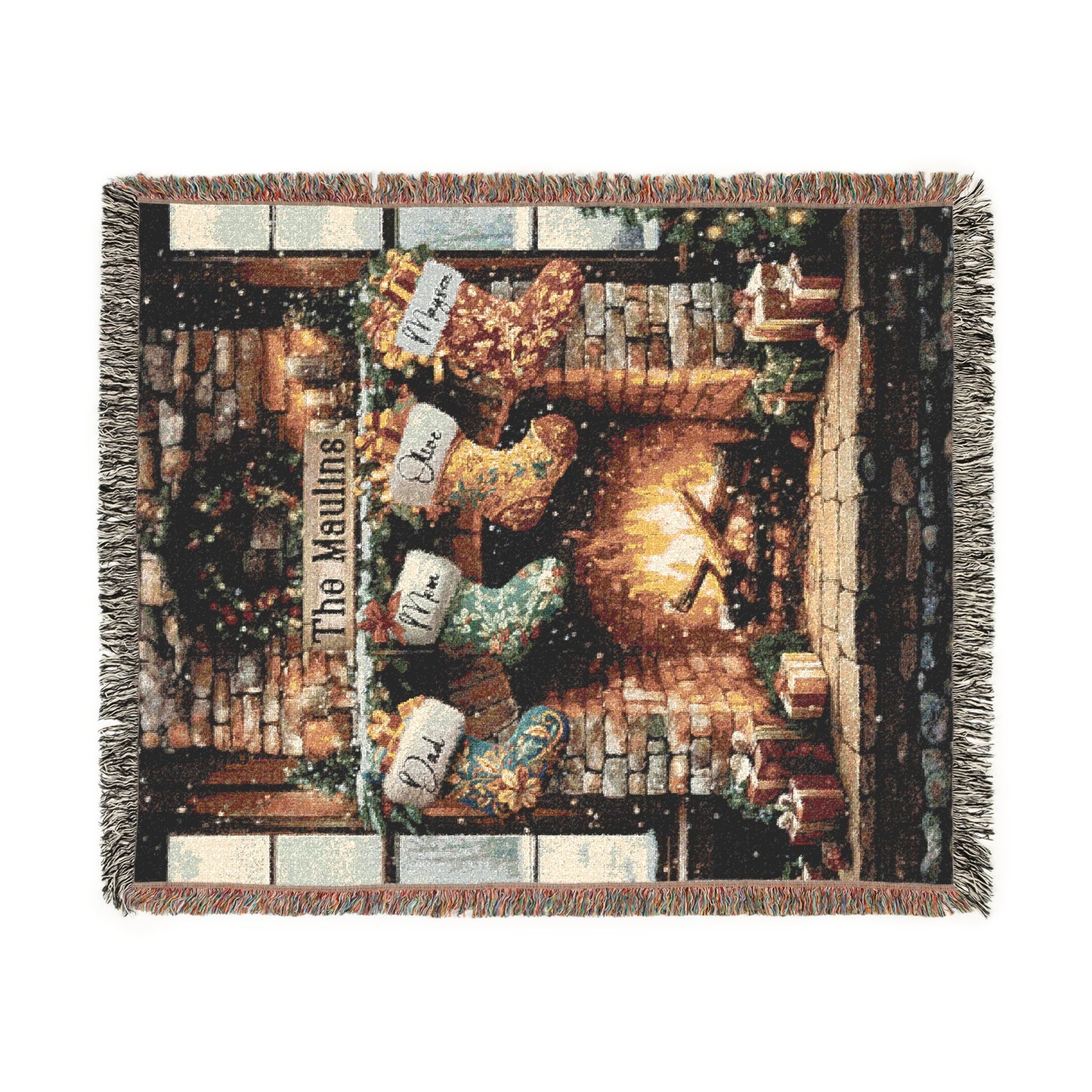 Custom Family Fireplace Christmas Woven Blanket