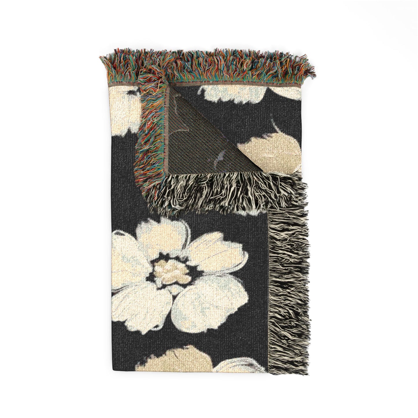 Black & White Painted Floral Woven Blanket — Monochrome Floral Throw