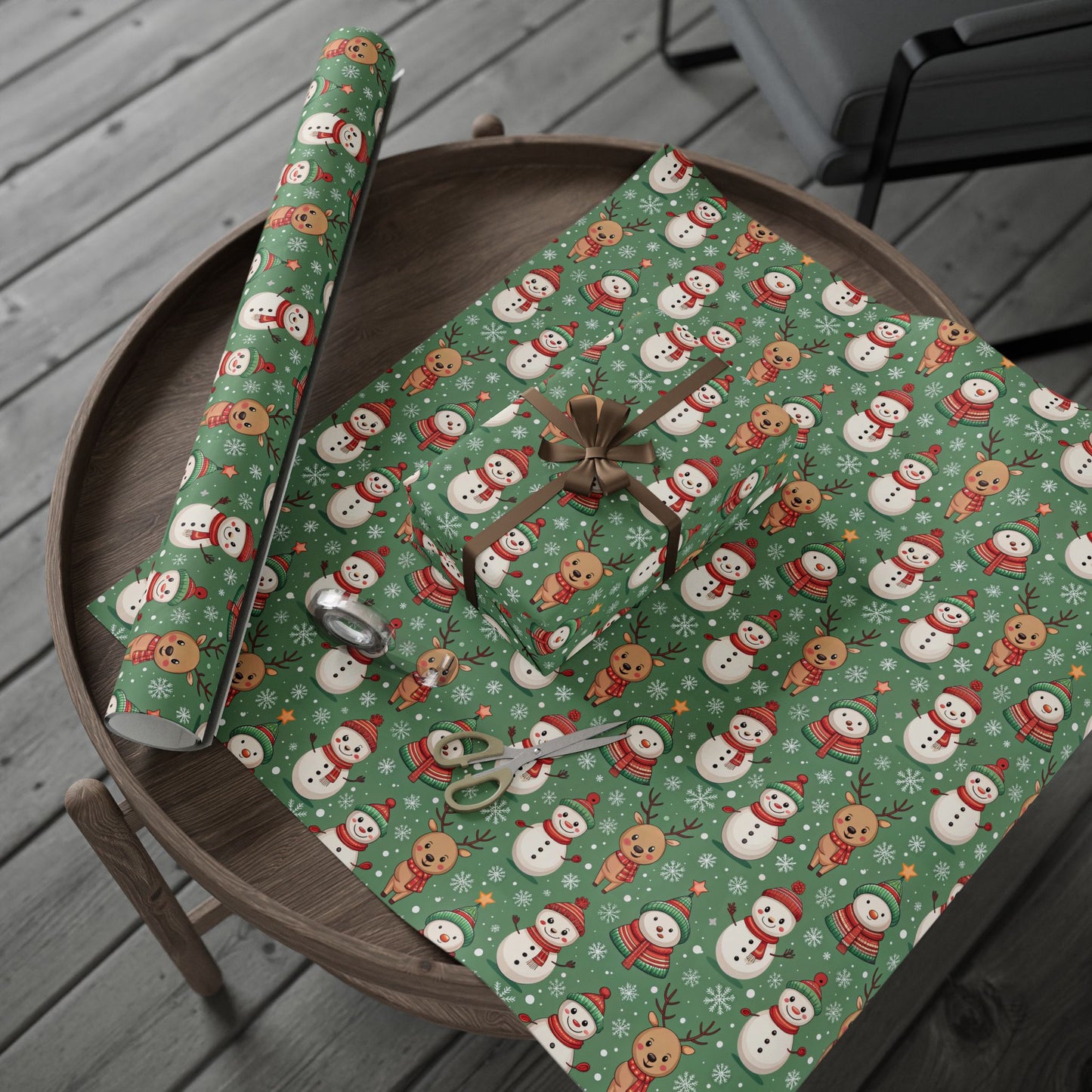 Snowman & Reindeer Christmas Wrapping Paper & Blanket | Cozy Green Winter Pattern | Cute Holiday Gift Wrap | Whimsical Christmas Decor